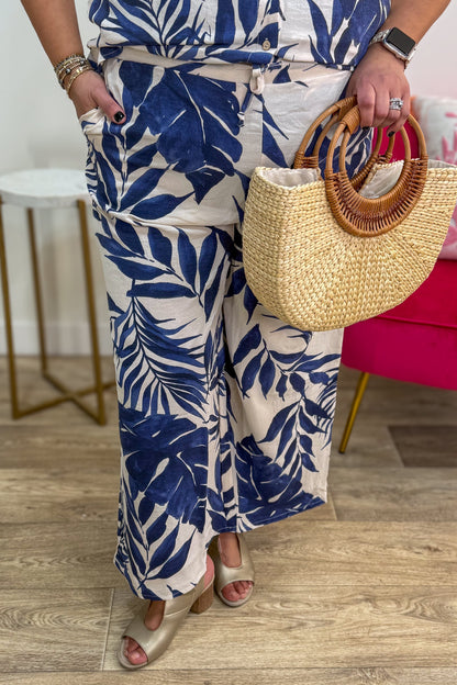 Cream & Navy Palm Print Wide Leg Pant