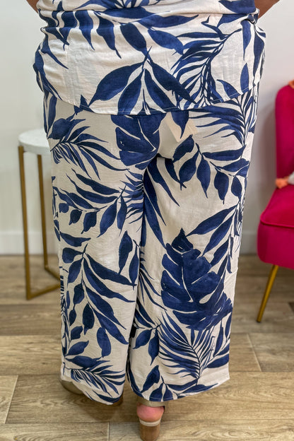 Cream & Navy Palm Print Wide Leg Pant back