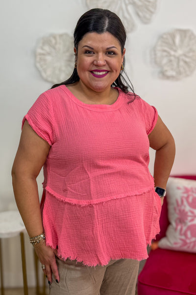 Coral Pink Gauze Rolled Sleeve Pullover Top