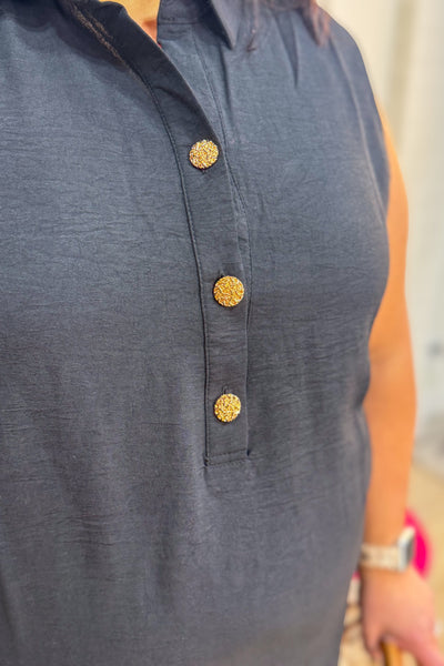 Black with Gold Buttons Sleeveless Dress