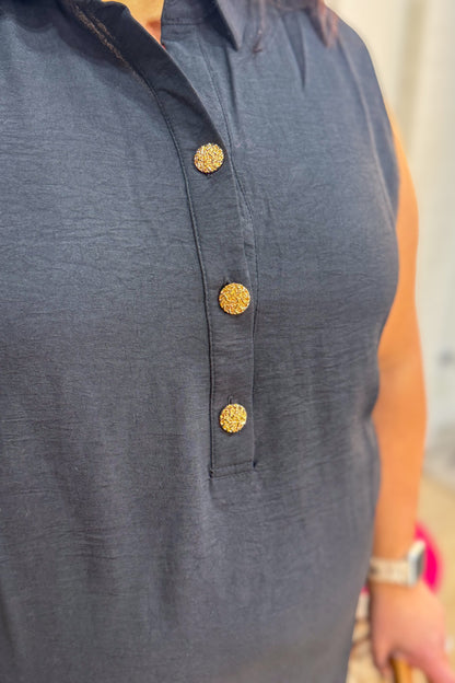 Black with Gold Buttons Sleeveless Dress