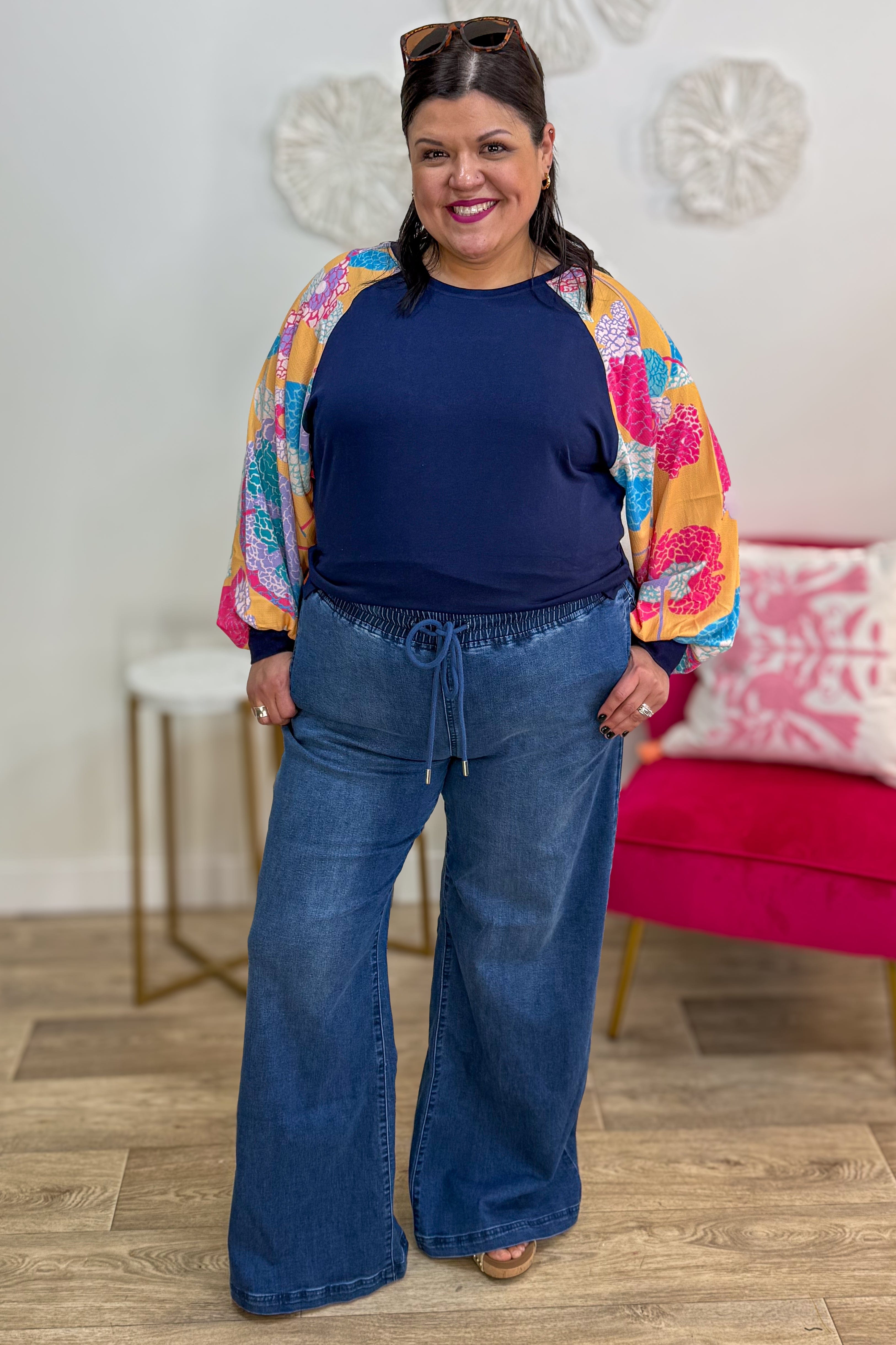 Medium Wash Drawstring Waist Wide Leg Denim