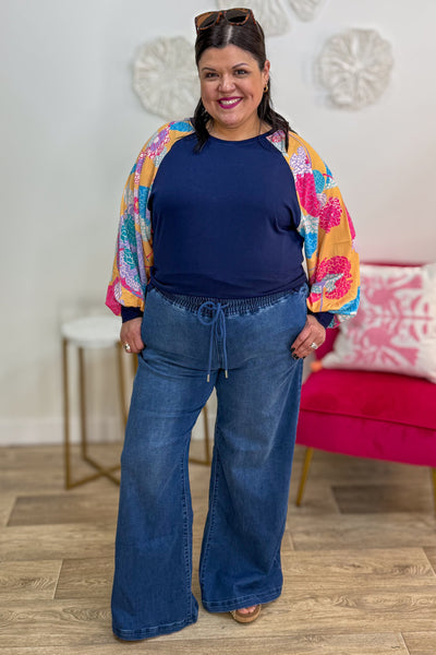 Medium Wash Drawstring Waist Wide Leg Denim