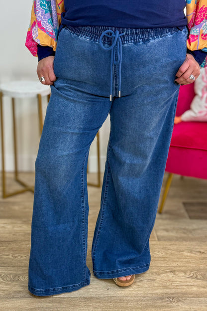 Medium Wash Drawstring Waist Wide Leg Denim