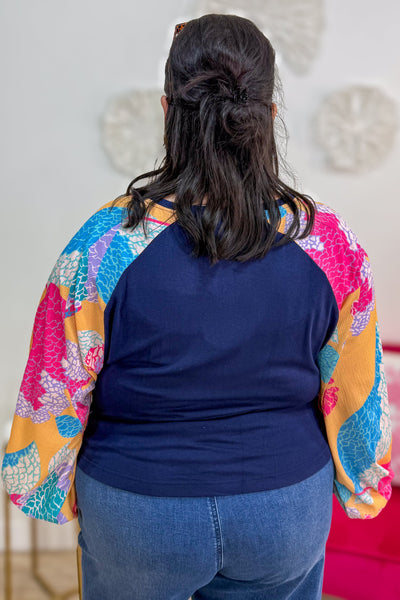 Navy Mixed Print with Side Slit Blouse