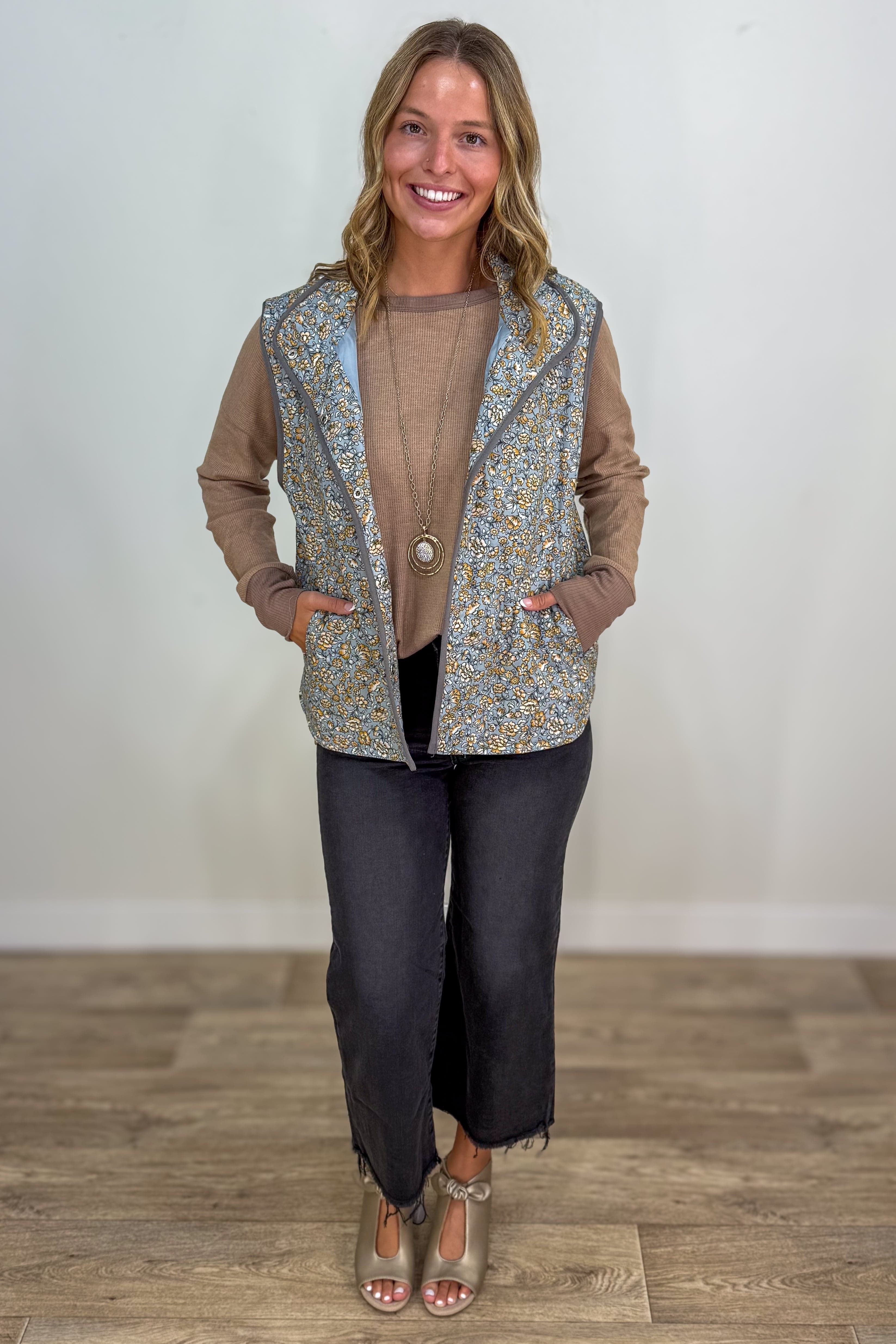 Grey Button Quilted Vest styled