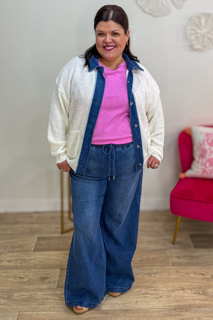 White with Denim Collar & Trim Button Up Sweater Styed
