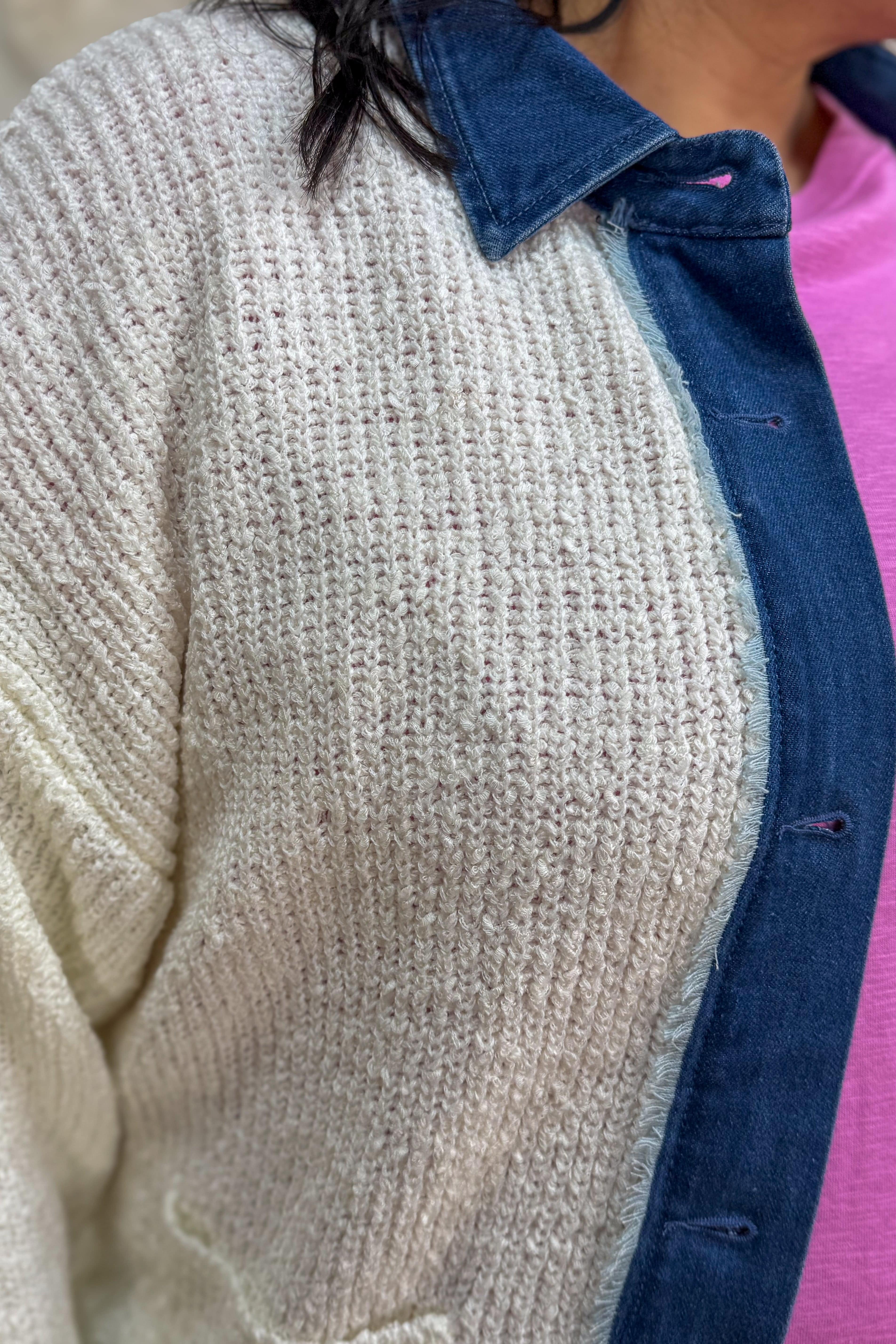 White with Denim Collar & Trim Button Up Sweater Detailed