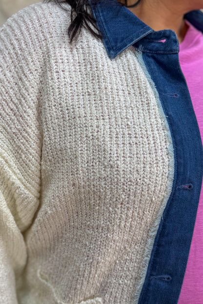 White with Denim Collar & Trim Button Up Sweater Detailed