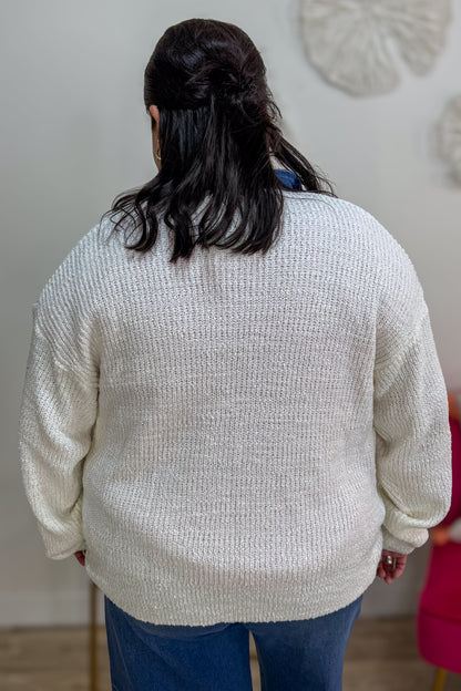 White with Denim Collar & Trim Button Up Sweater Back