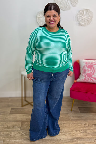 Green Pinstripe Raglan Sleeve Pullover Sweater Styled