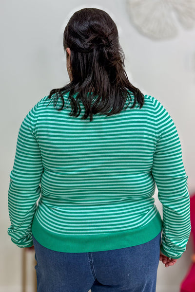 Green Pinstripe Raglan Sleeve Pullover Sweater Back
