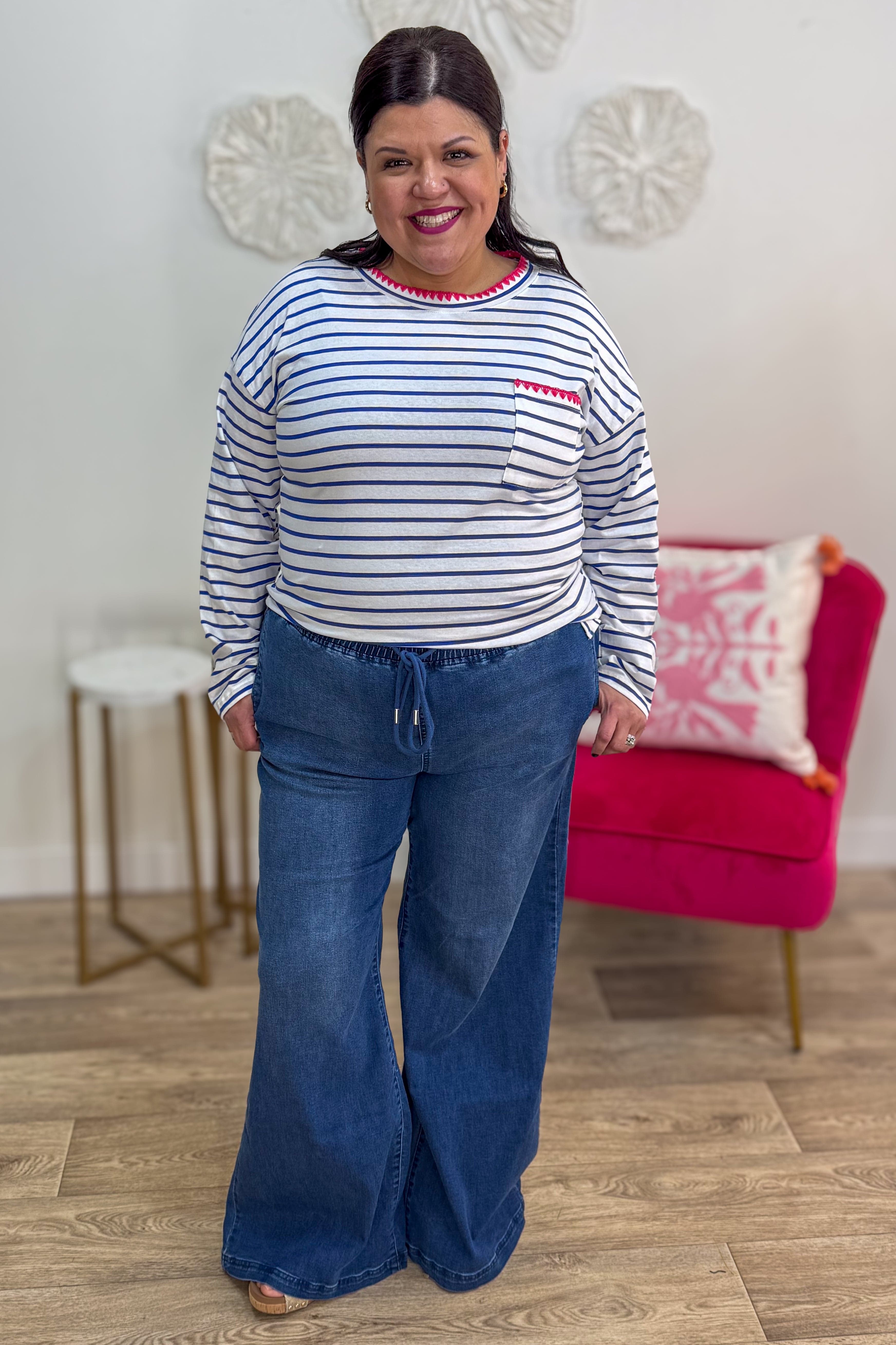 Royal Blue Blanket Stitched Jersey Striped Top Styled