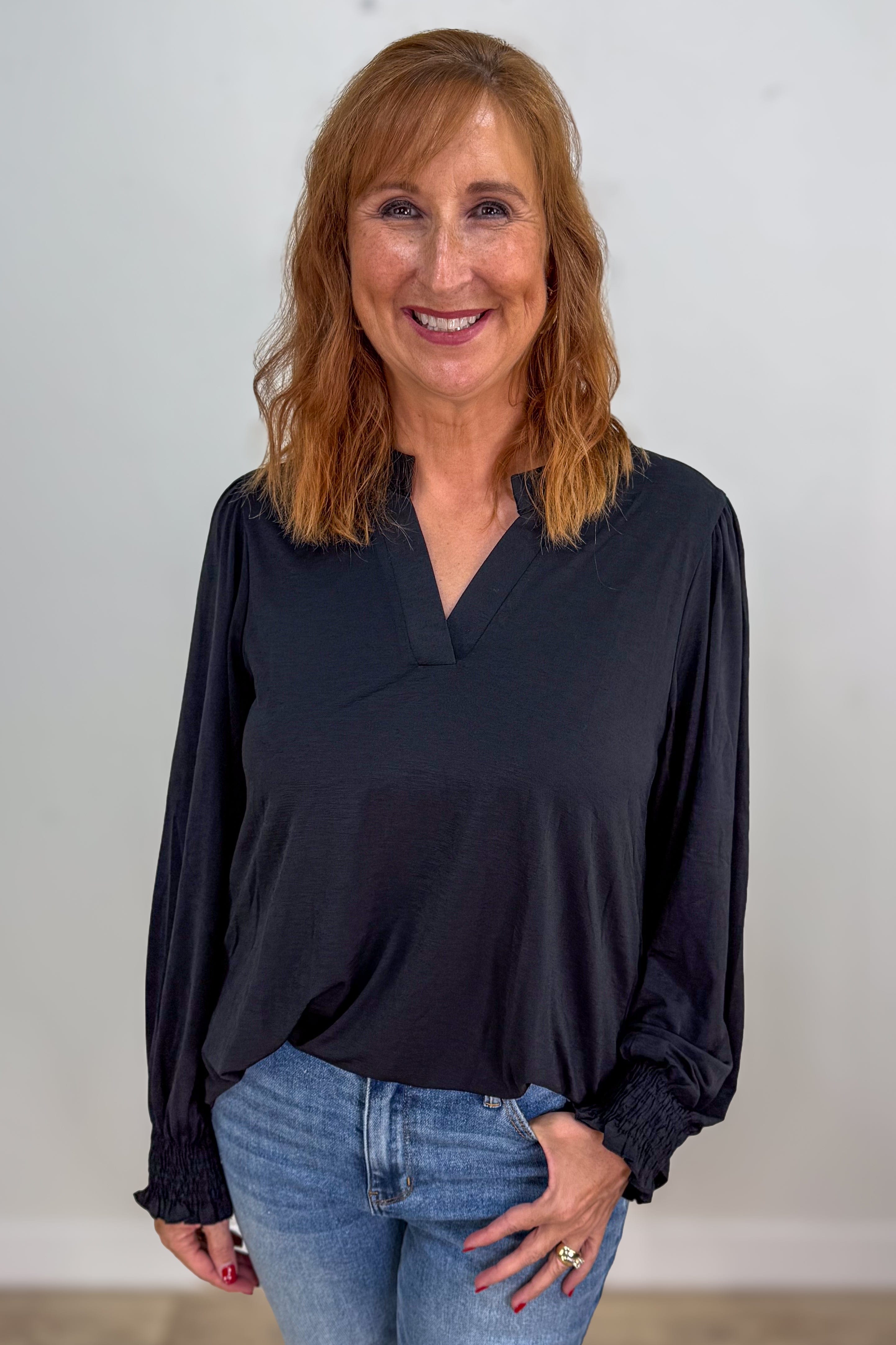 Black Solid Smocked Sleeve Lizzy Blouse