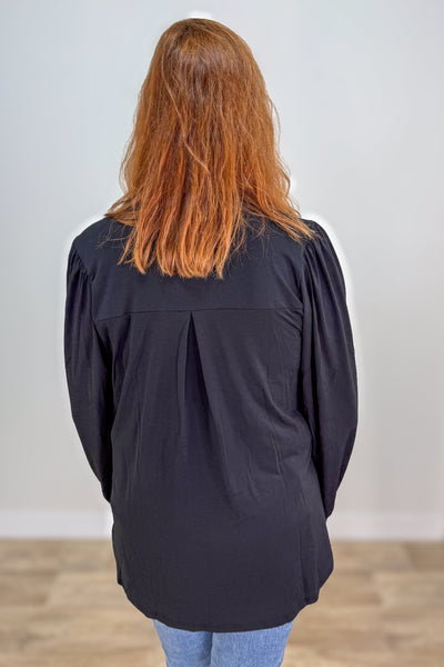 Black Solid Smocked Sleeve Lizzy Blouse back