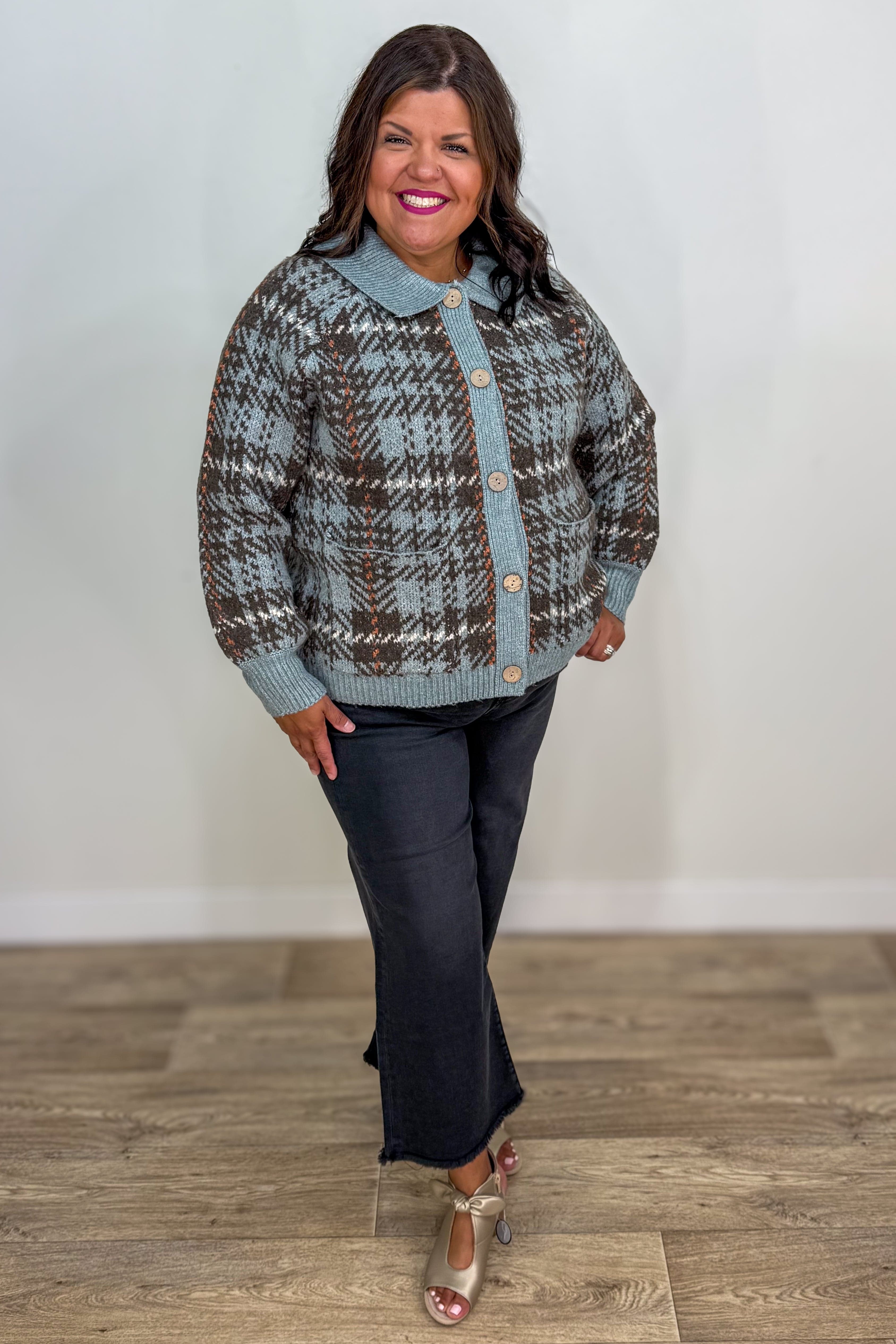 Slate Check Jaquard Sweater Jacket styled