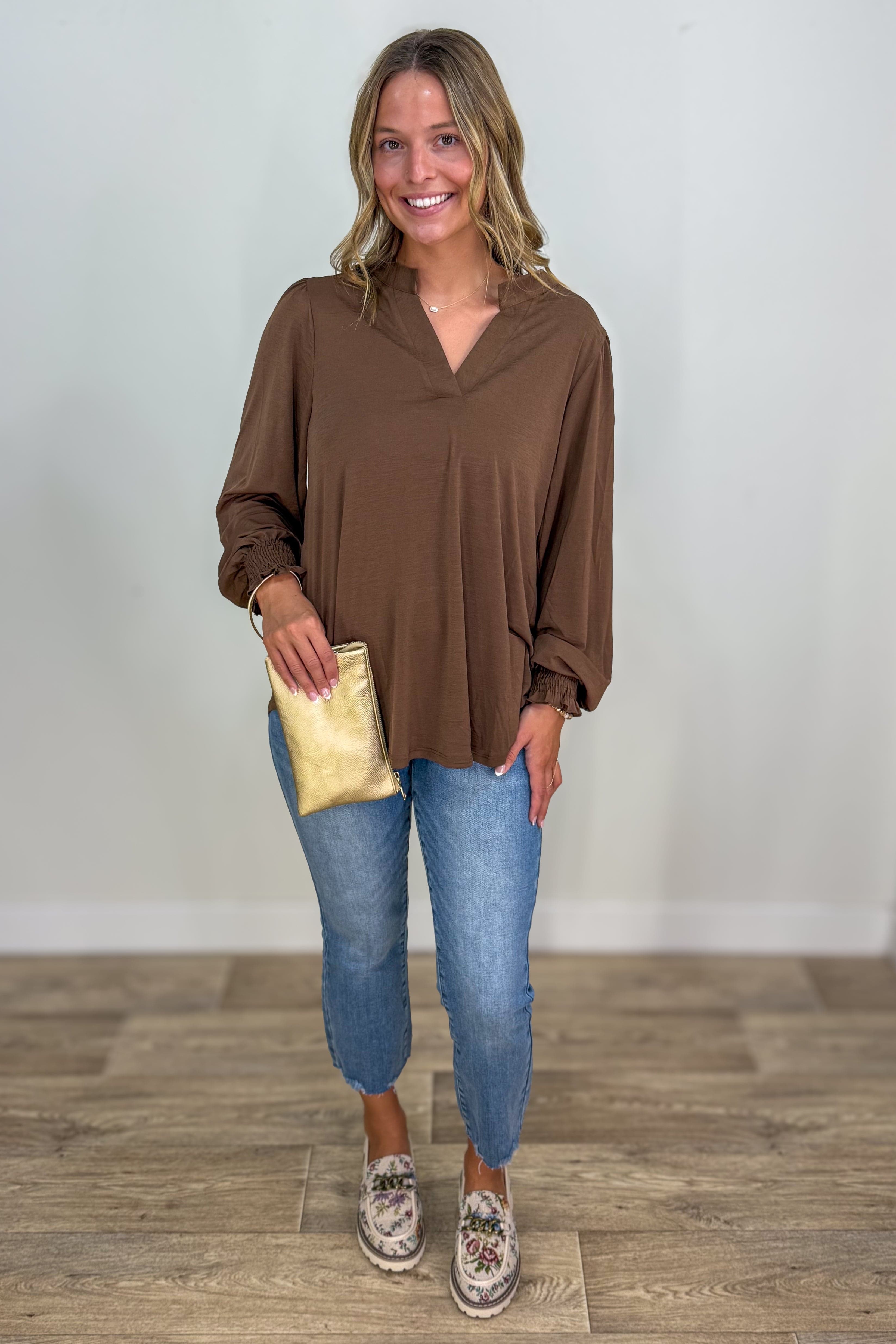 Mocha Solid Smocked Sleeve Lizzy Blouse styled