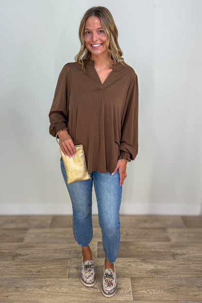 Mocha Solid Smocked Sleeve Lizzy Blouse styled