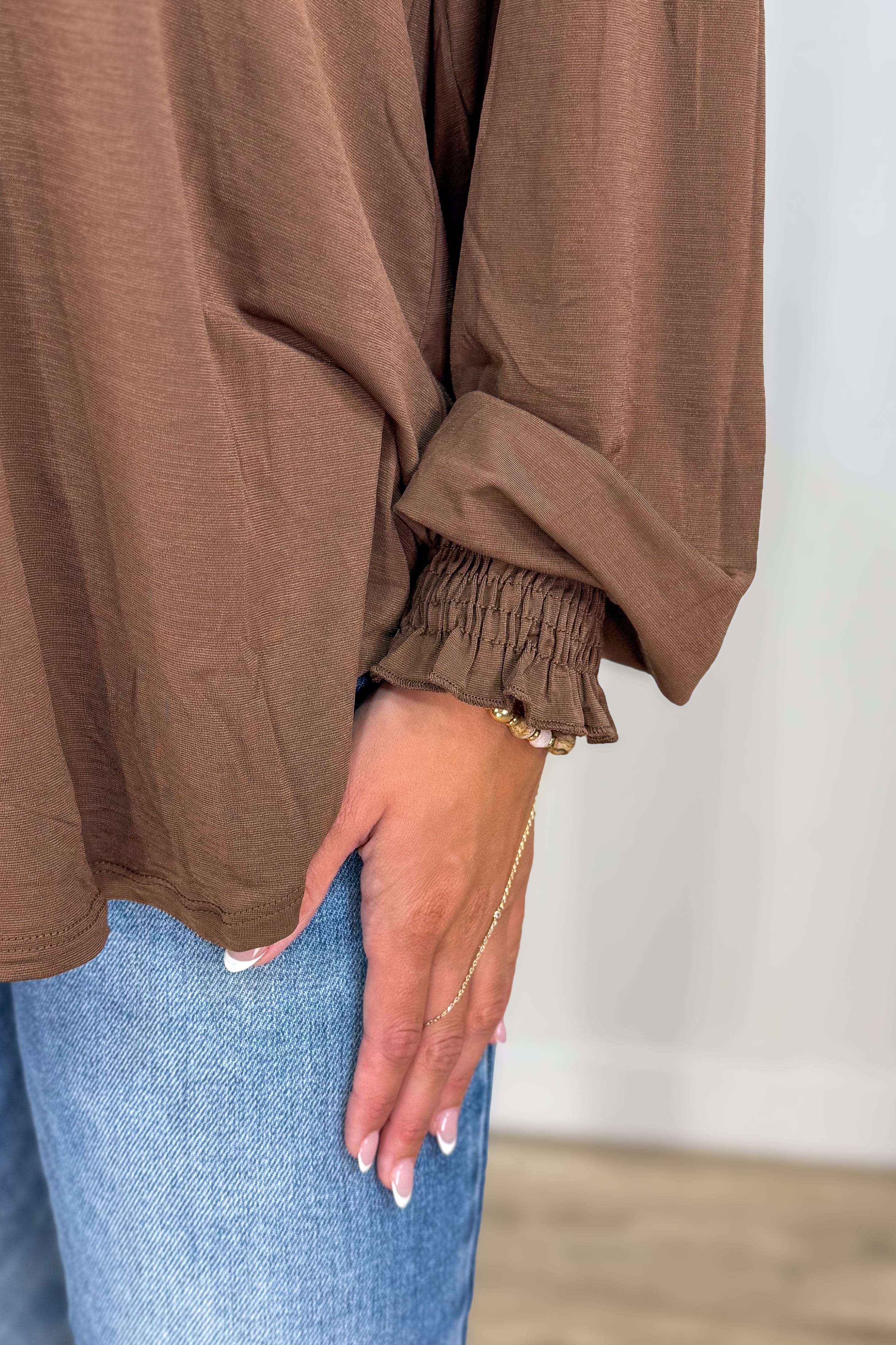 Mocha Solid Smocked Sleeve Lizzy Blouse smocked sleeve detail