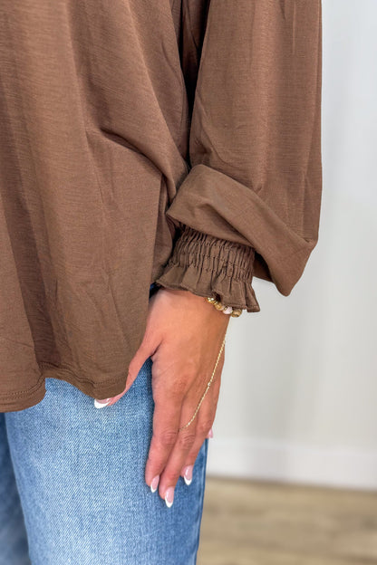Mocha Solid Smocked Sleeve Lizzy Blouse smocked sleeve detail