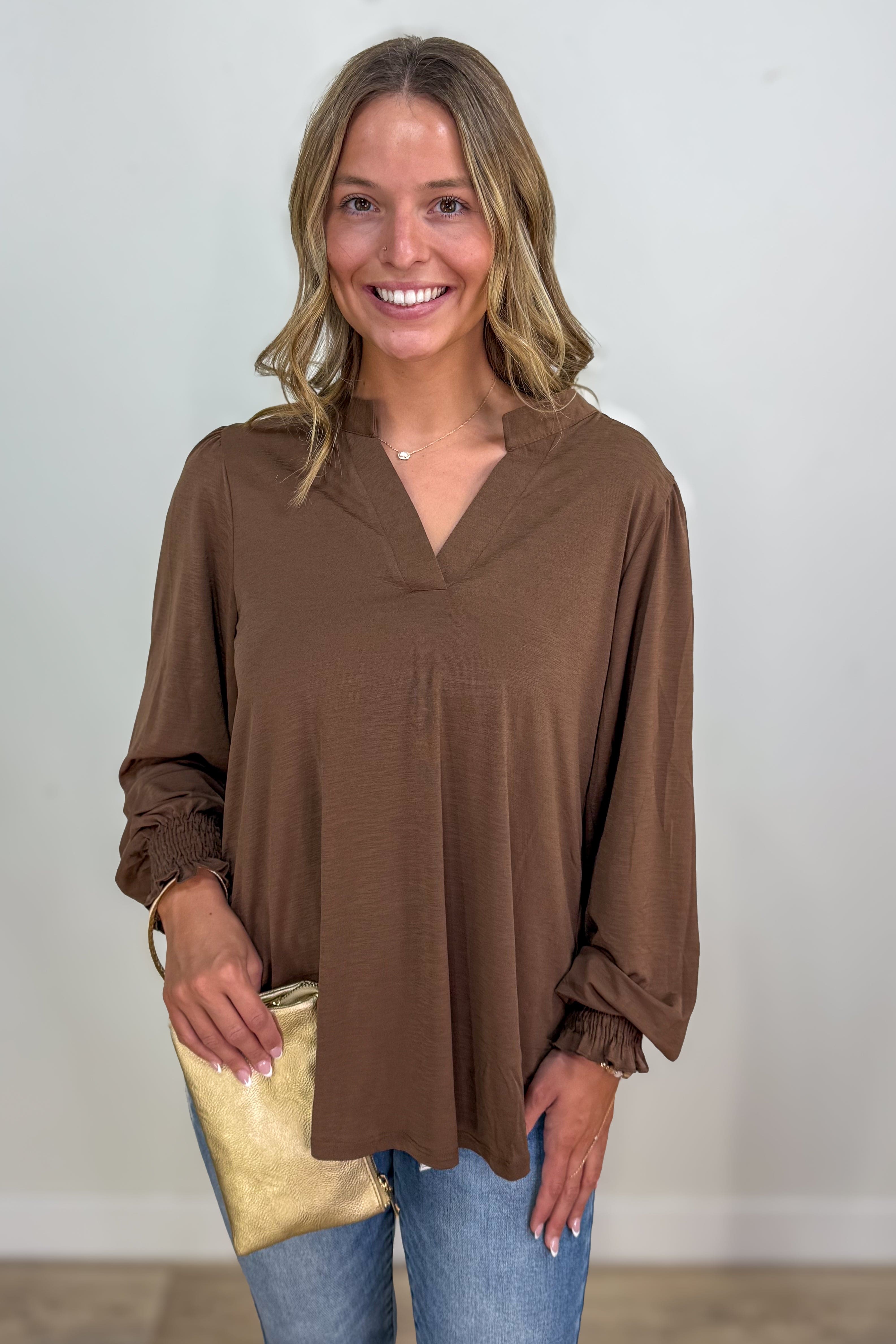 Mocha Solid Smocked Sleeve Lizzy Blouse