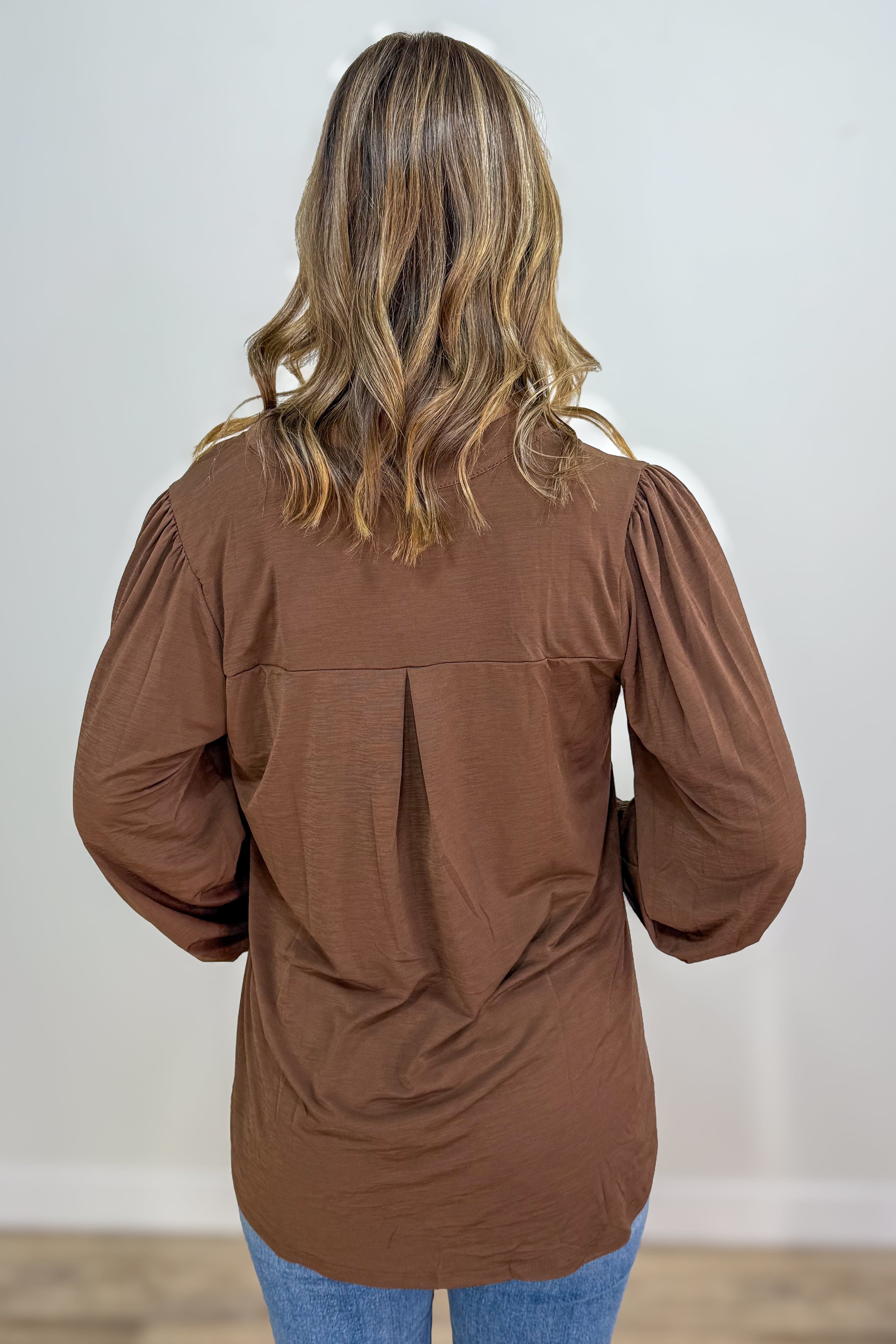 Mocha Solid Smocked Sleeve Lizzy Blouse back