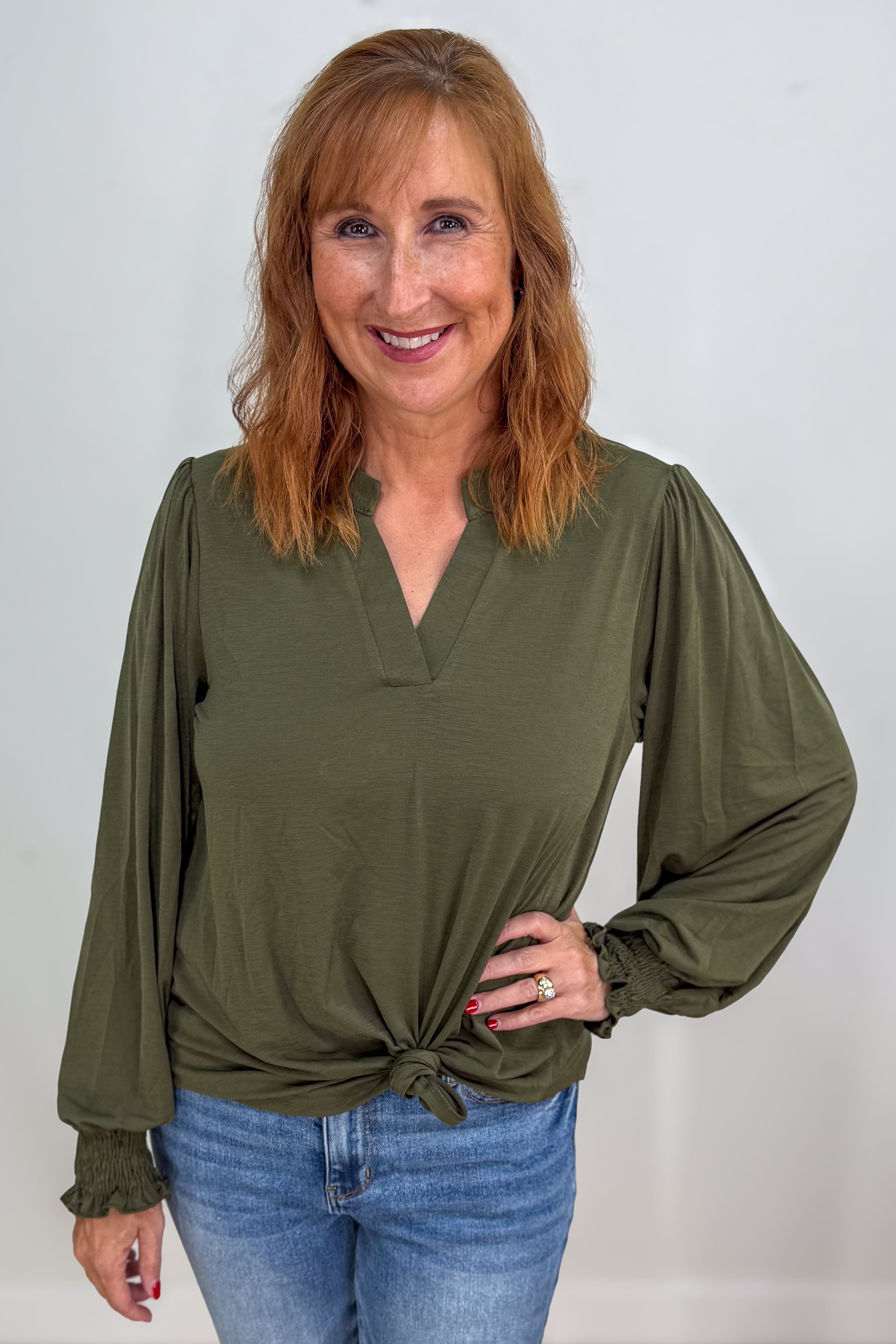Olive Solid Smocked Sleeve Lizzy Blouse