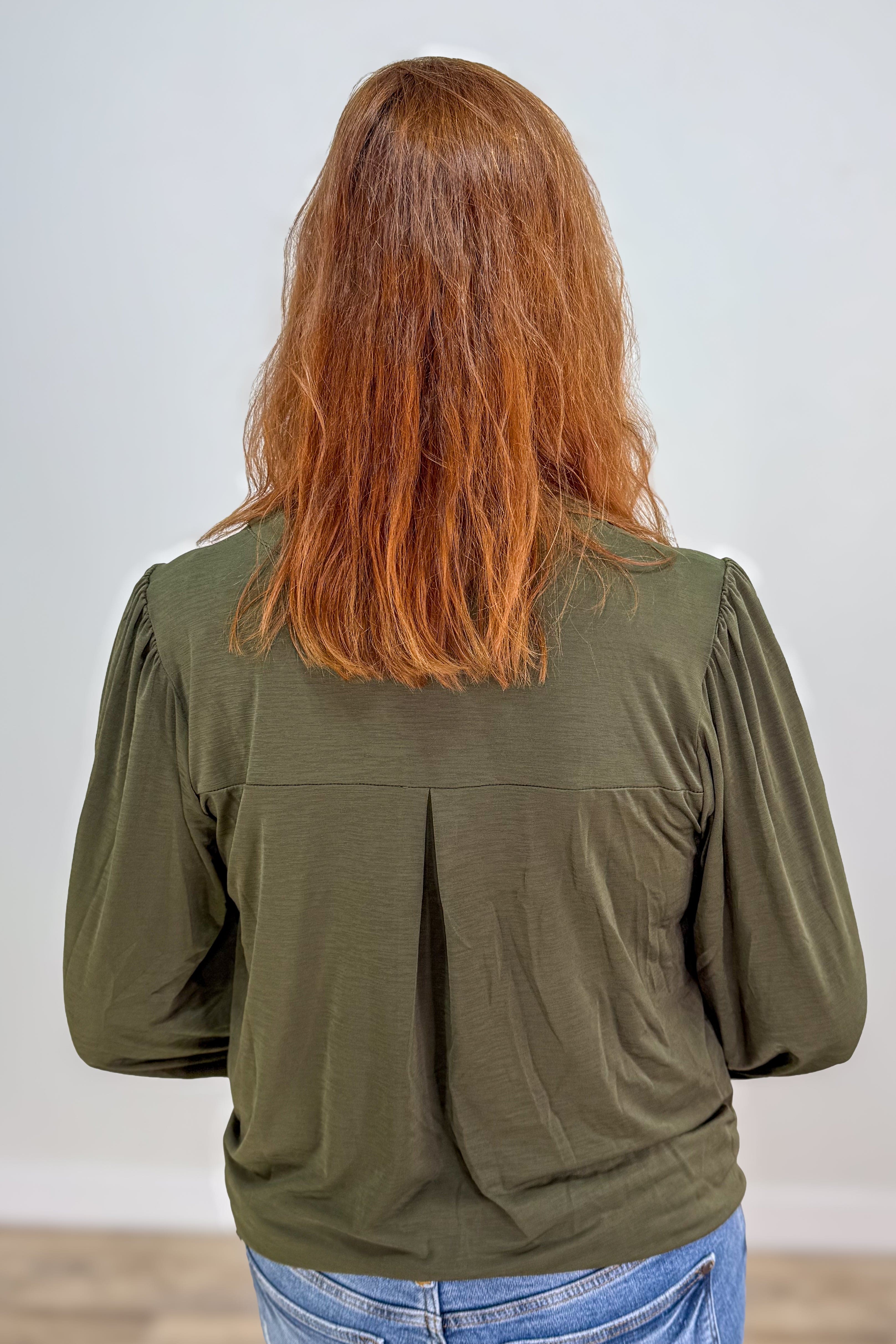 Olive Solid Smocked Sleeve Lizzy Blouse