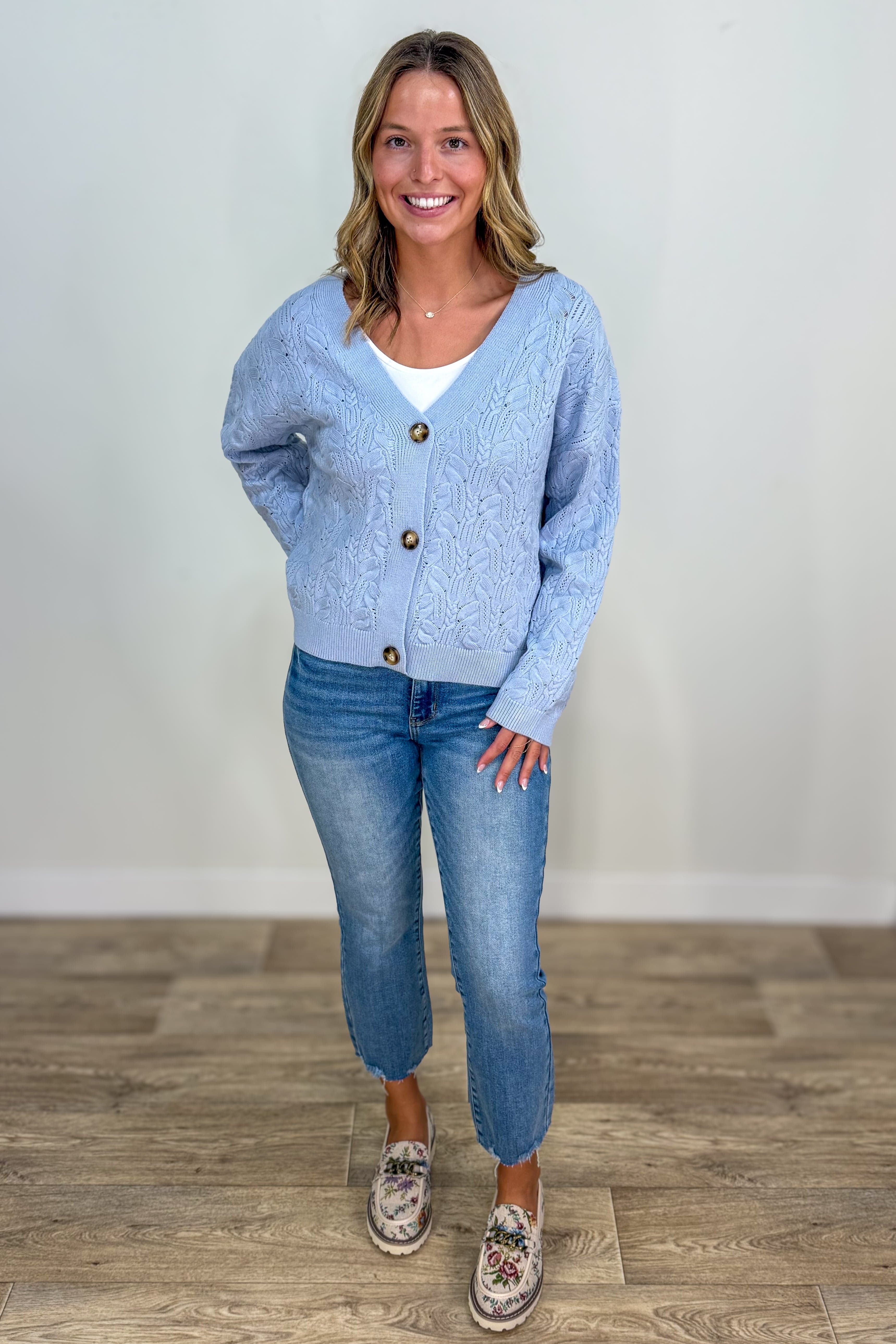 Light Blue Cable Cardigan styled