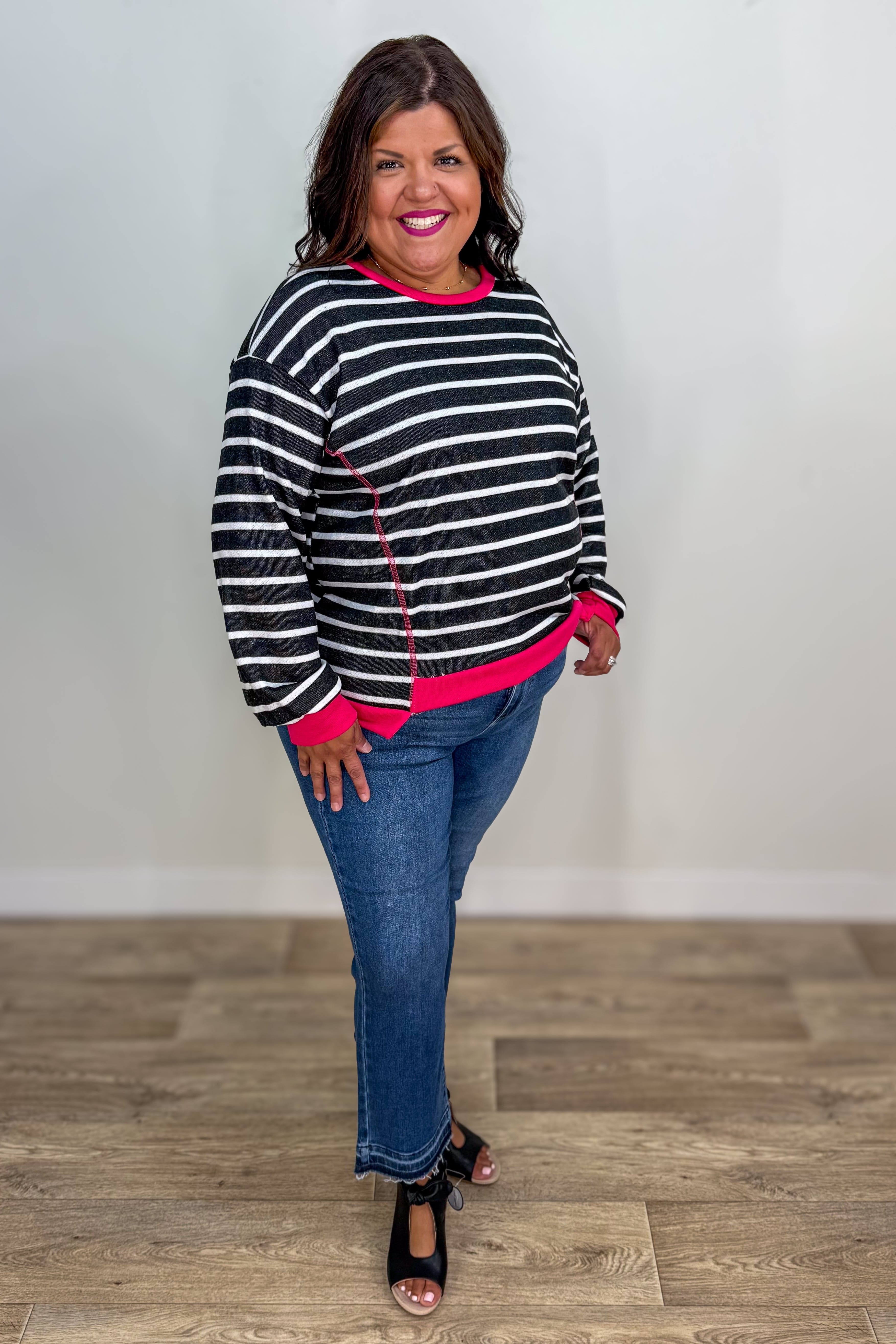 Fuchsia & Stripe Sweatshirt styled