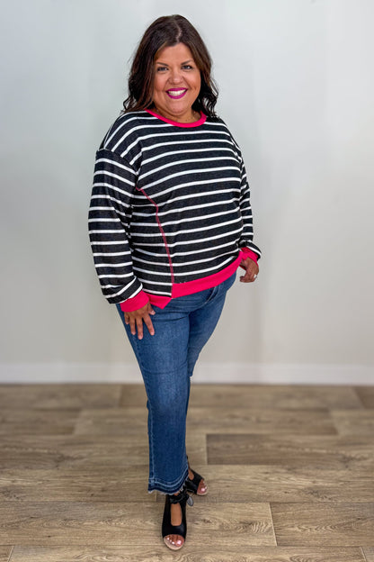Fuchsia & Stripe Sweatshirt styled