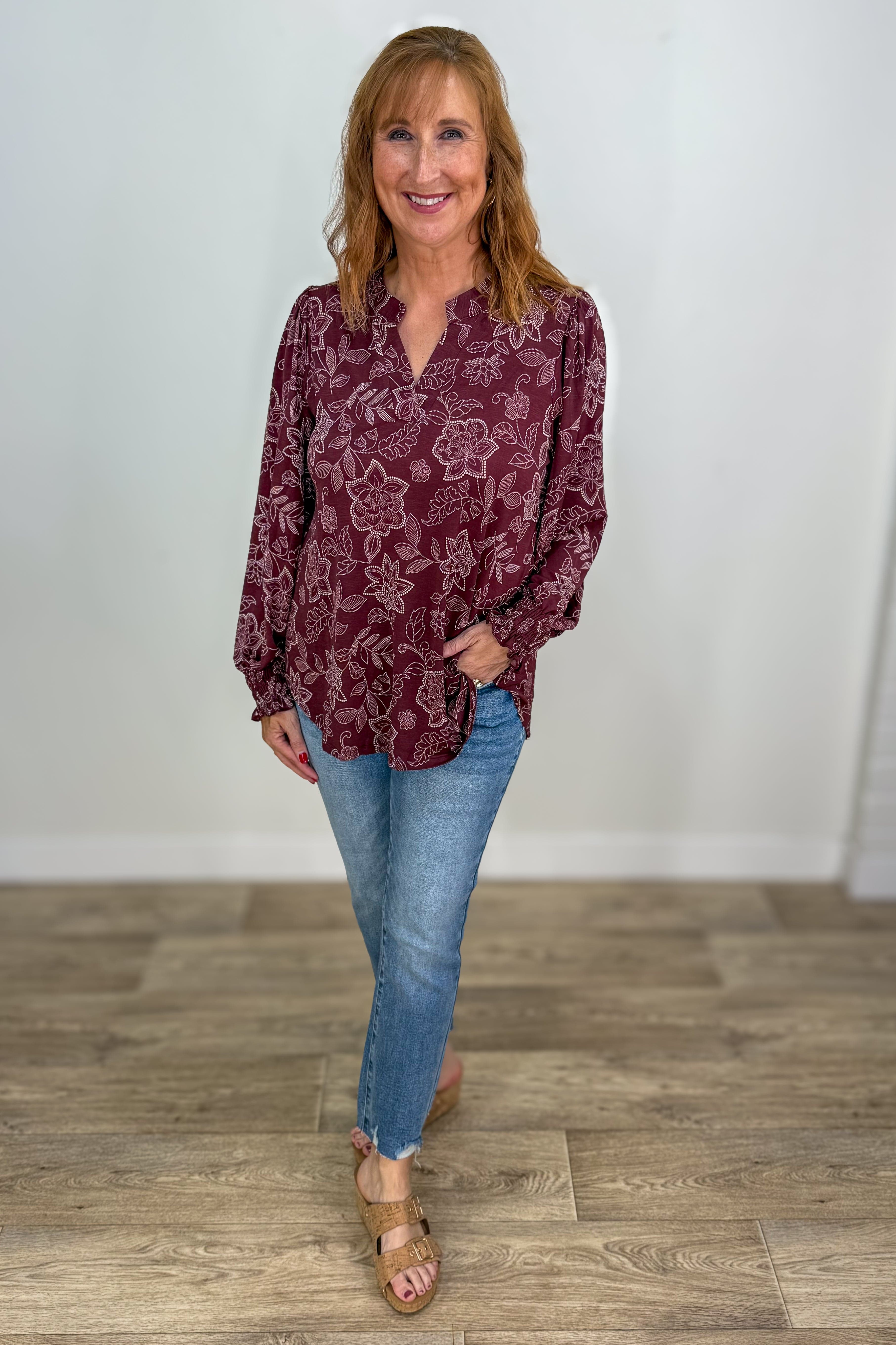 Chocolate Print Smocked Sleeve Lizzy Blouse styled