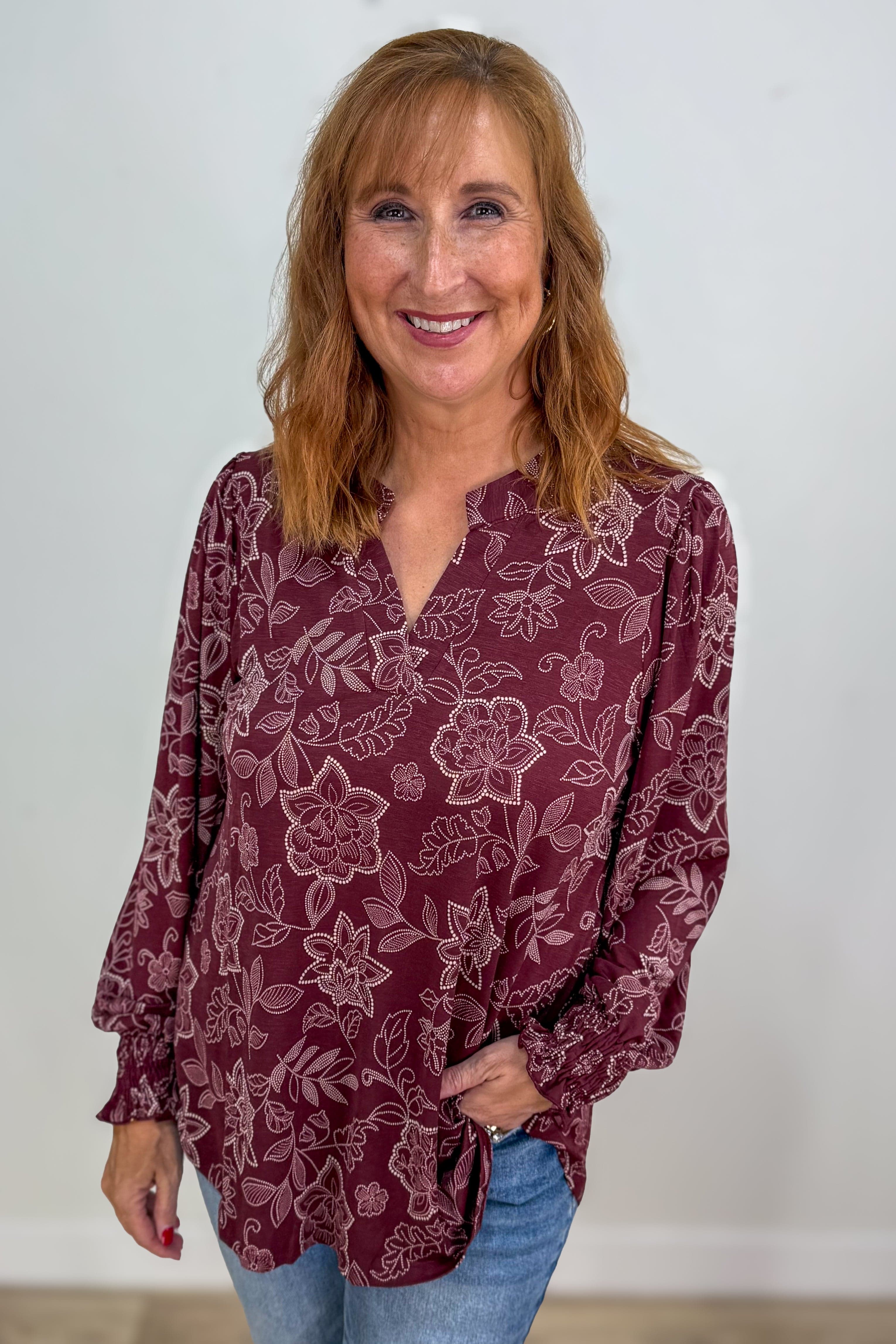 Chocolate Print Smocked Sleeve Lizzy Blouse