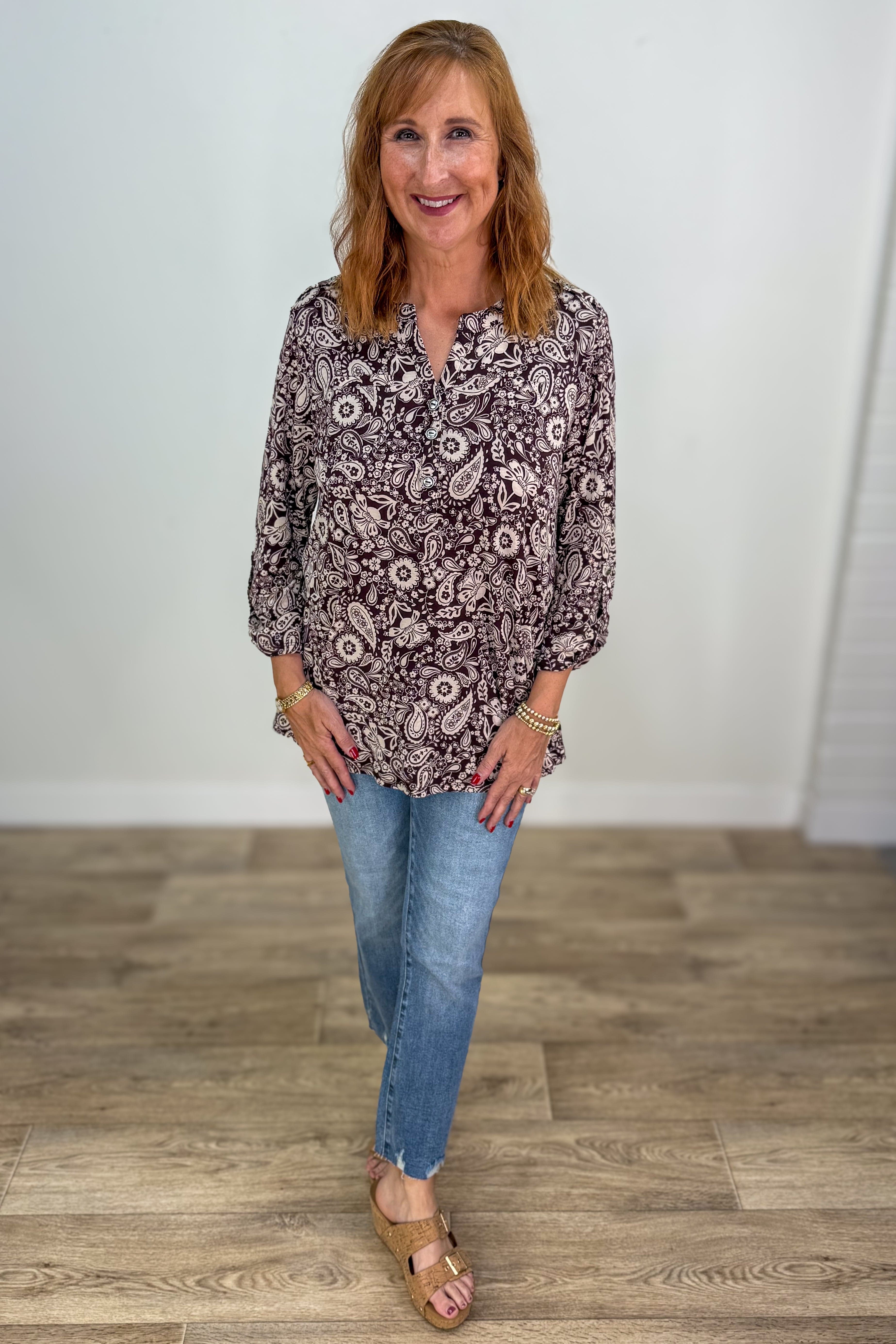 Chocolate Print Button Lizzy Blouse styled