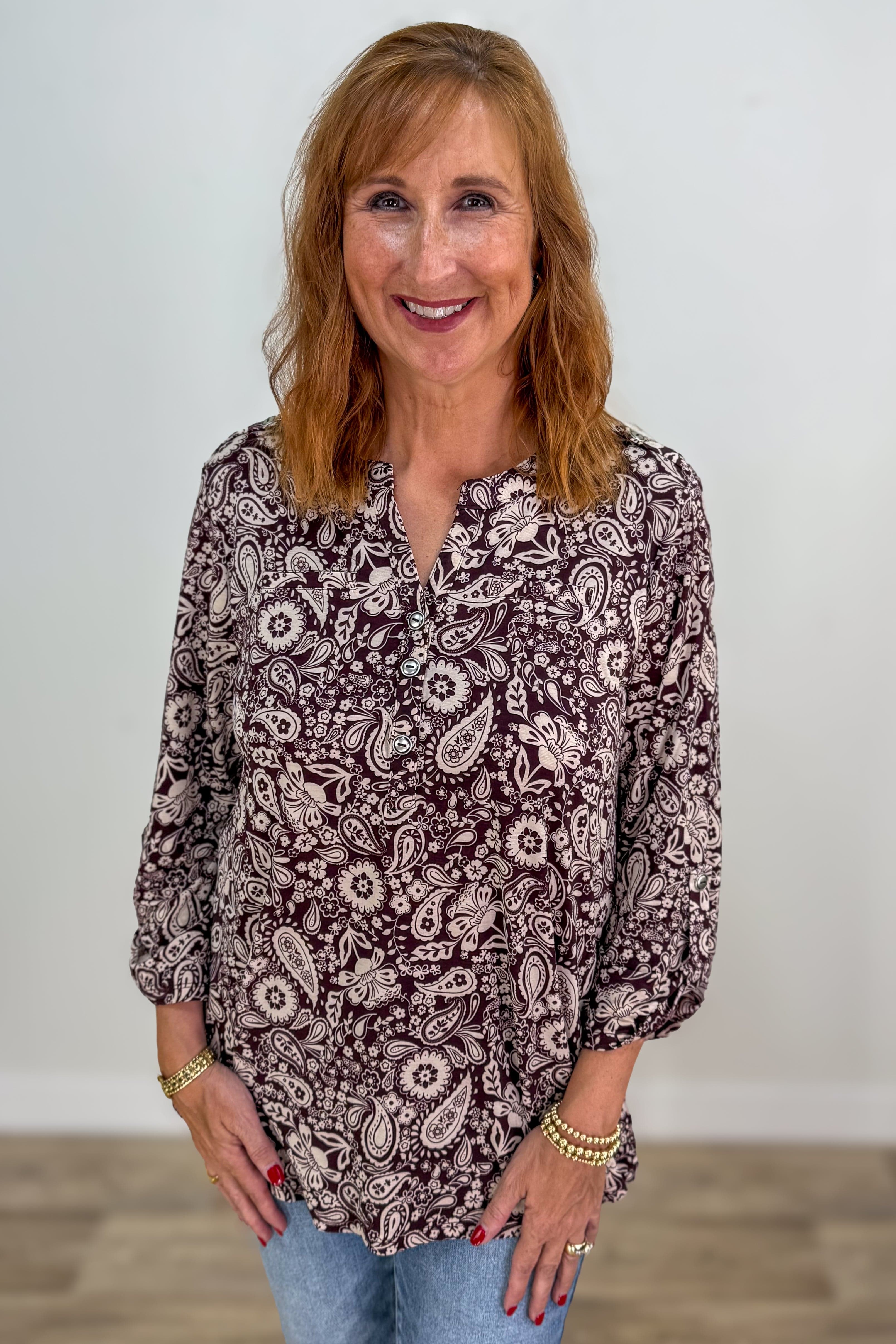 Chocolate Print Button Lizzy Blouse