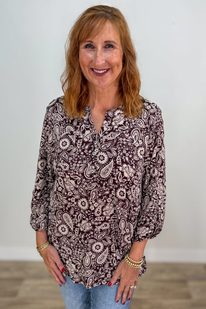 Chocolate Print Button Lizzy Blouse