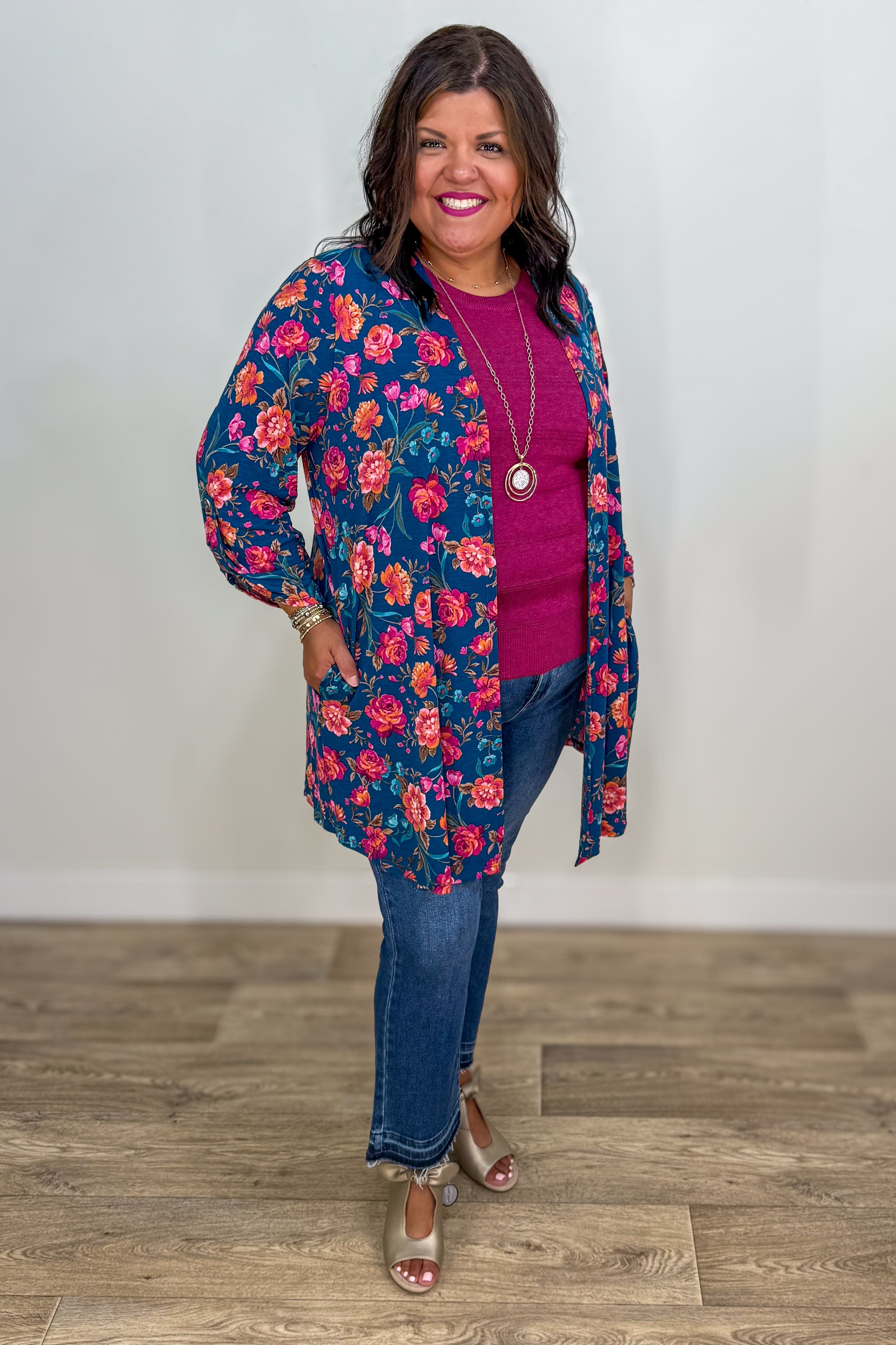 Teal Print Cardigan styled