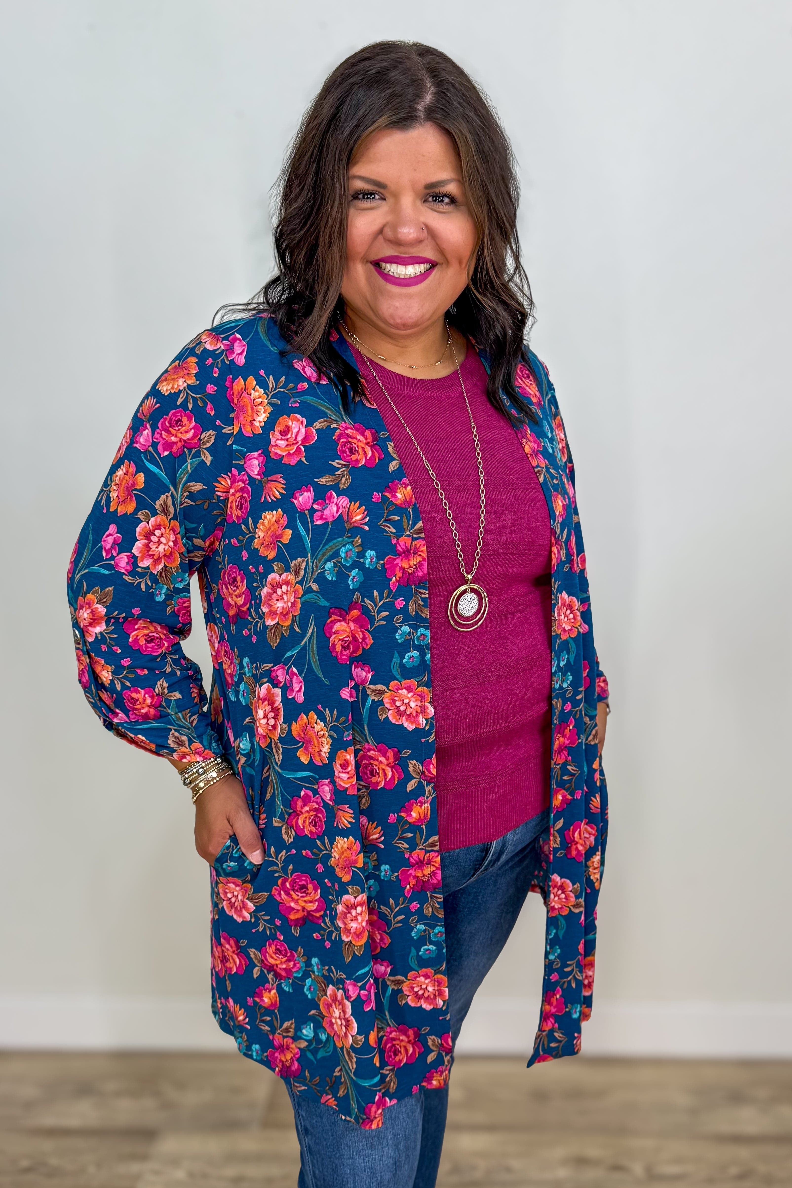 Teal Print Cardigan