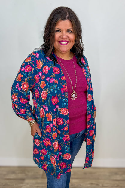 Teal Print Cardigan