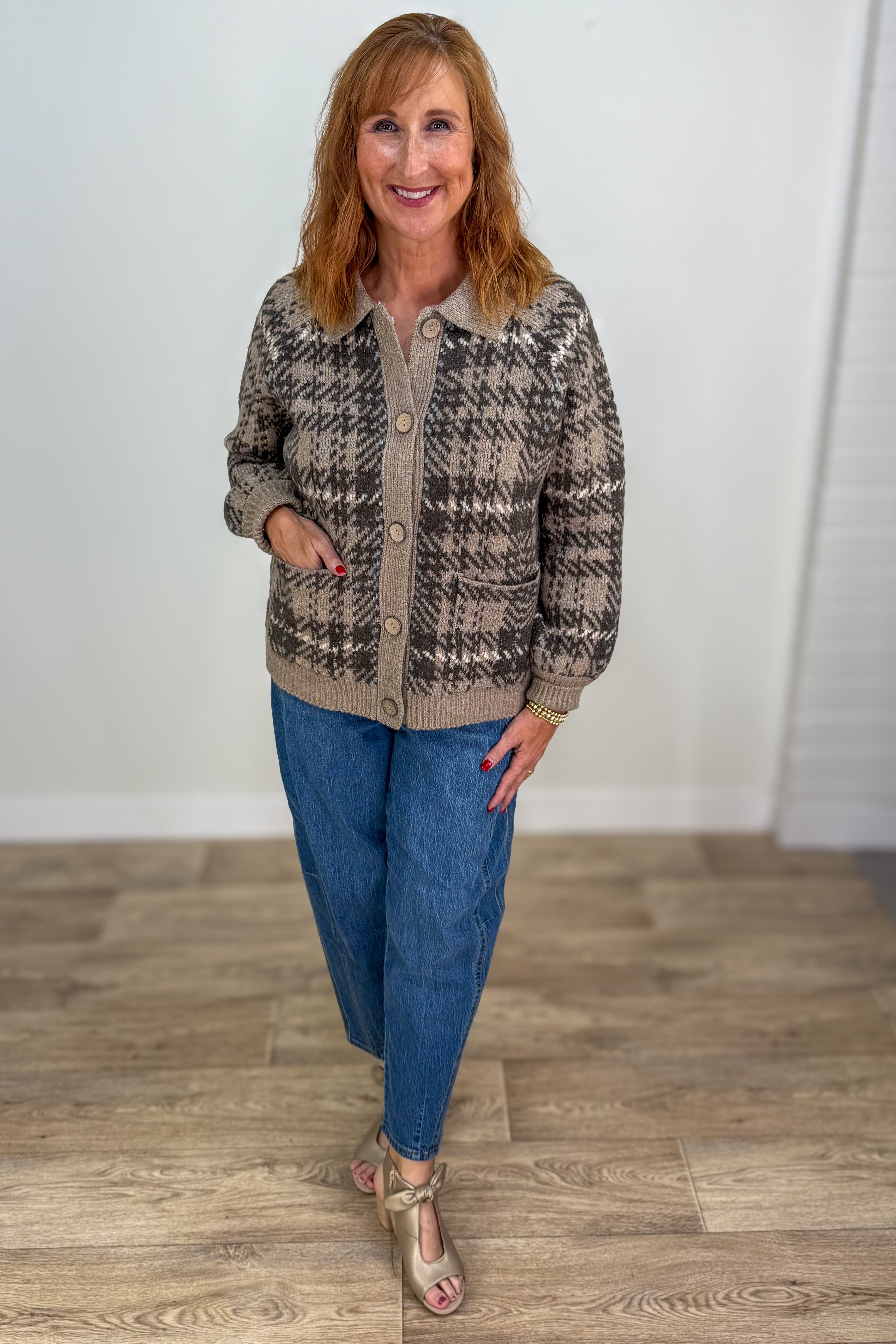 Mocha Check Jaquard Sweater Jacket styled