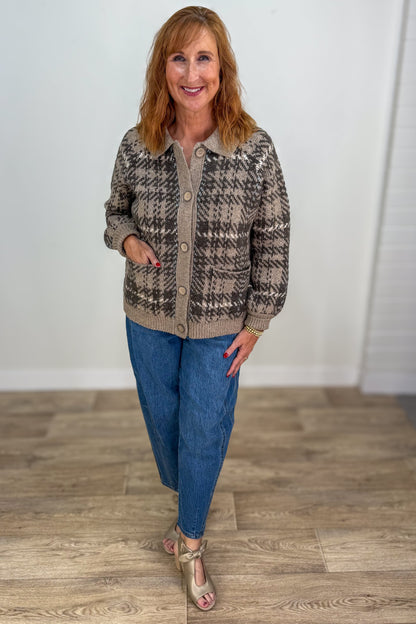 Mocha Check Jaquard Sweater Jacket styled