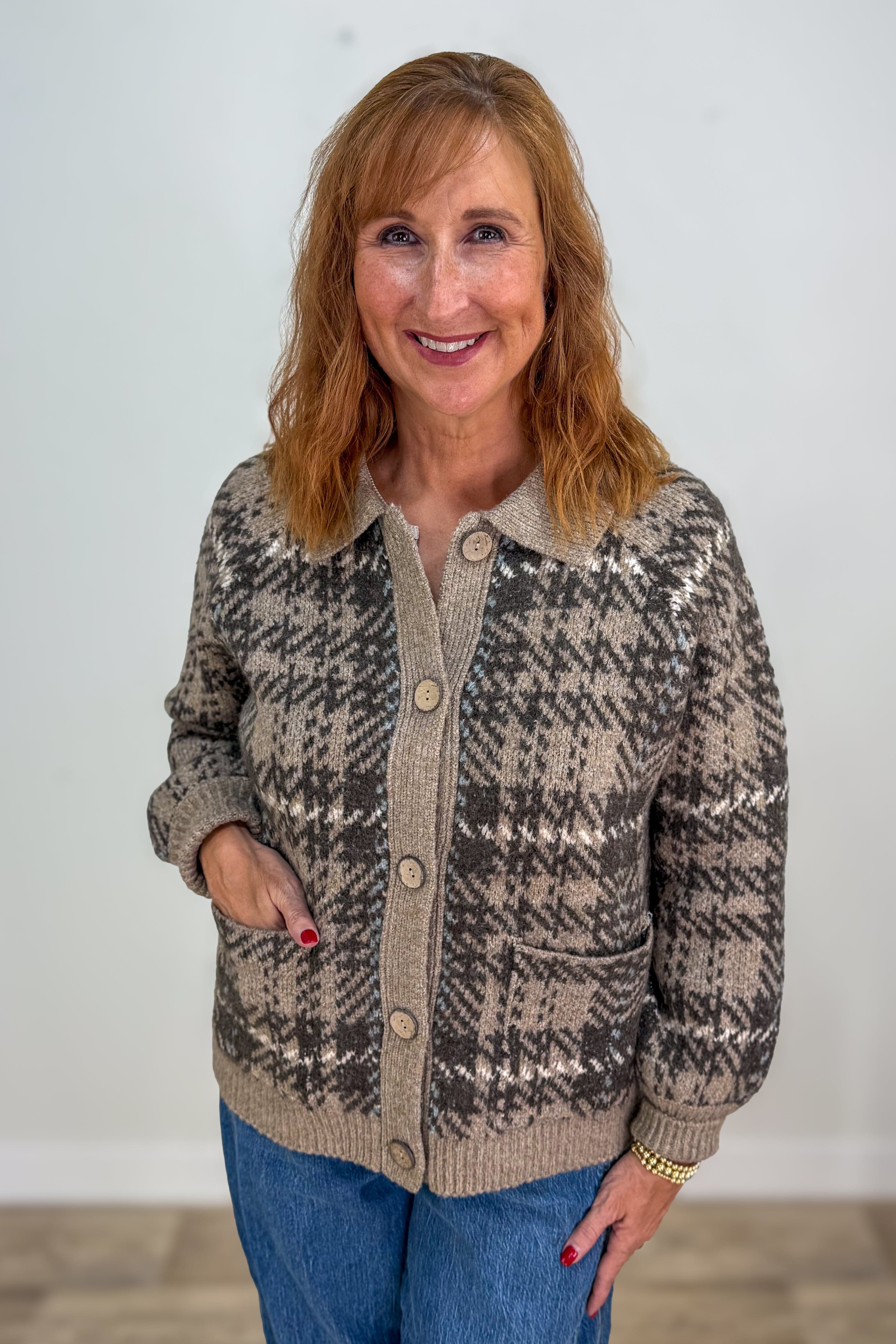 Mocha Check Jaquard Sweater Jacket