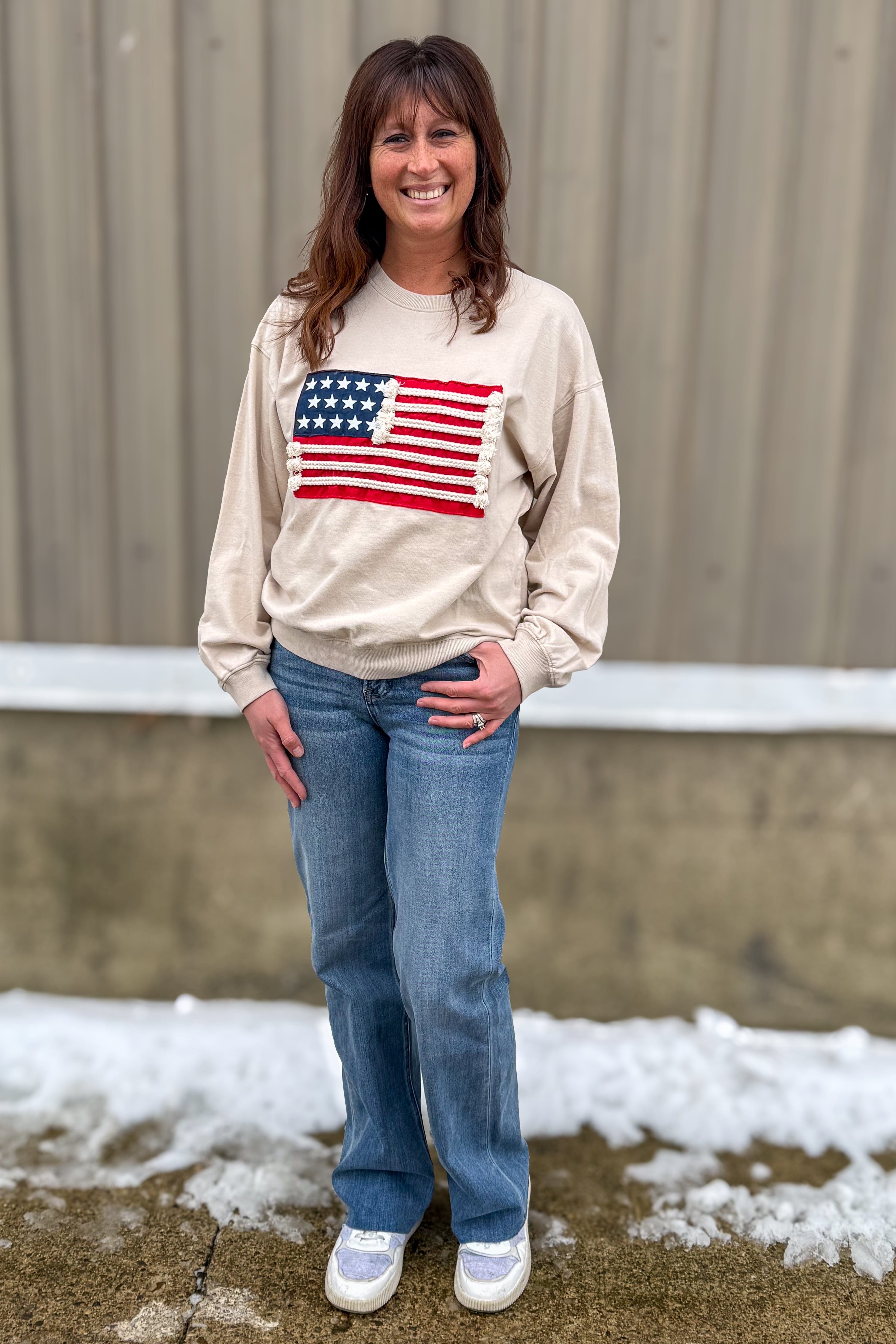 Sand Beige French Terry American Flag Pullover