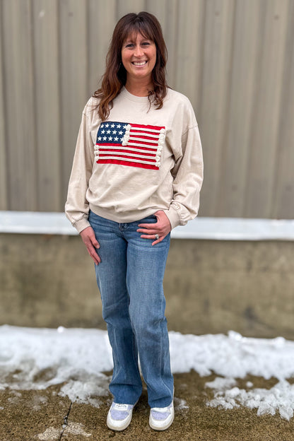 Sand Beige French Terry American Flag Pullover