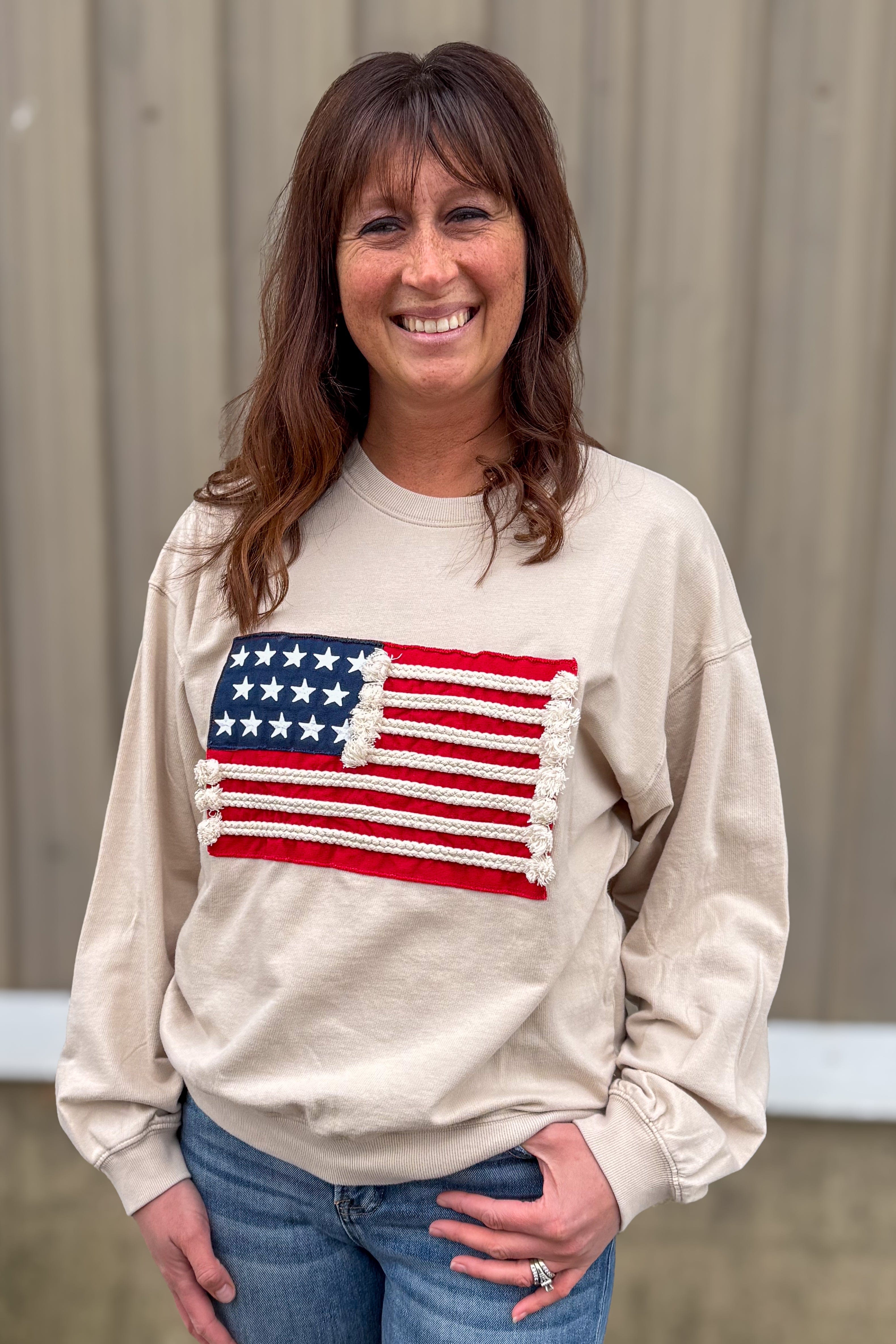 Sand Beige French Terry American Flag Pullover
