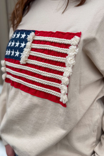 Sand Beige French Terry American Flag Pullover Detail