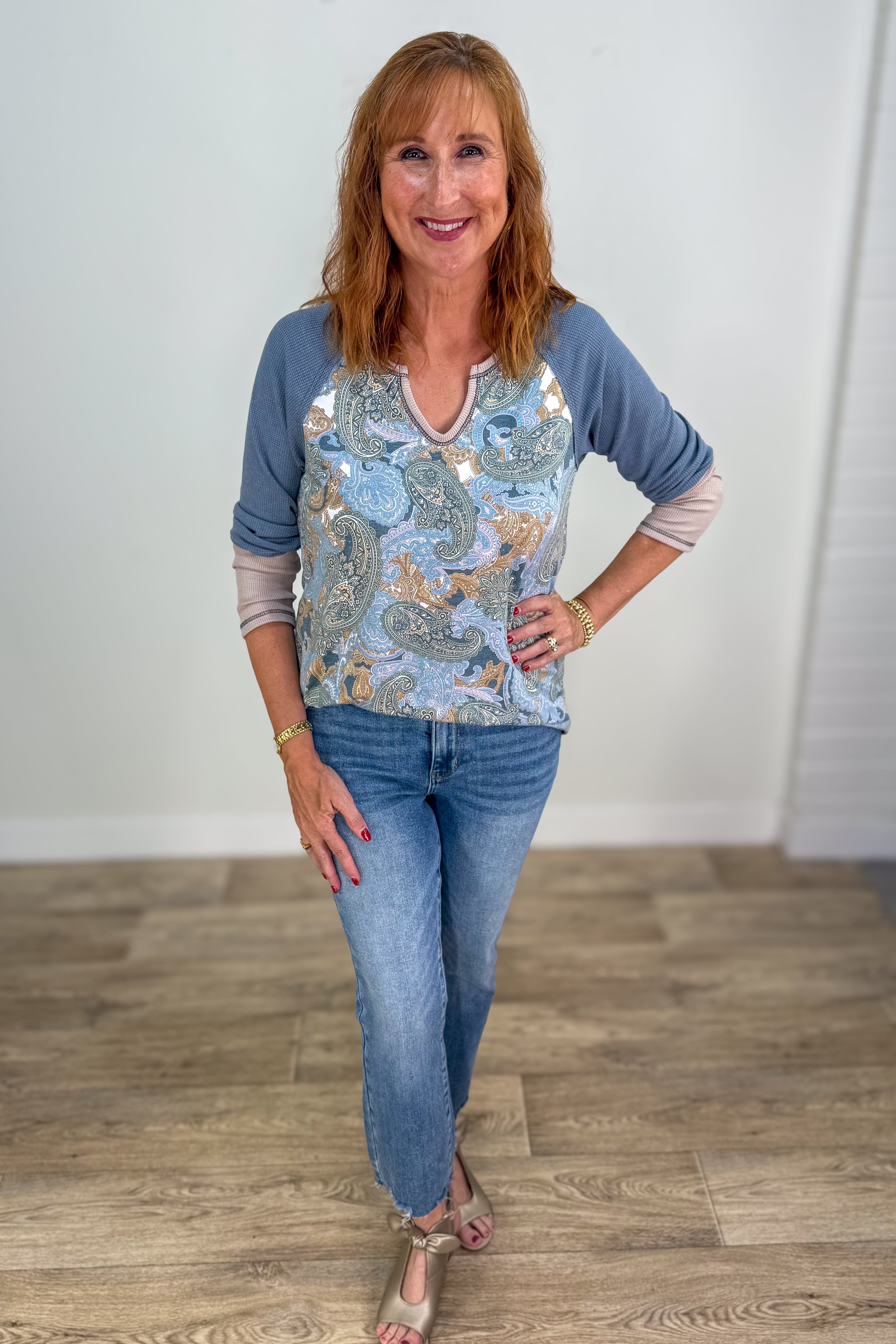 Paisley & Waffle Sleeve Top styled