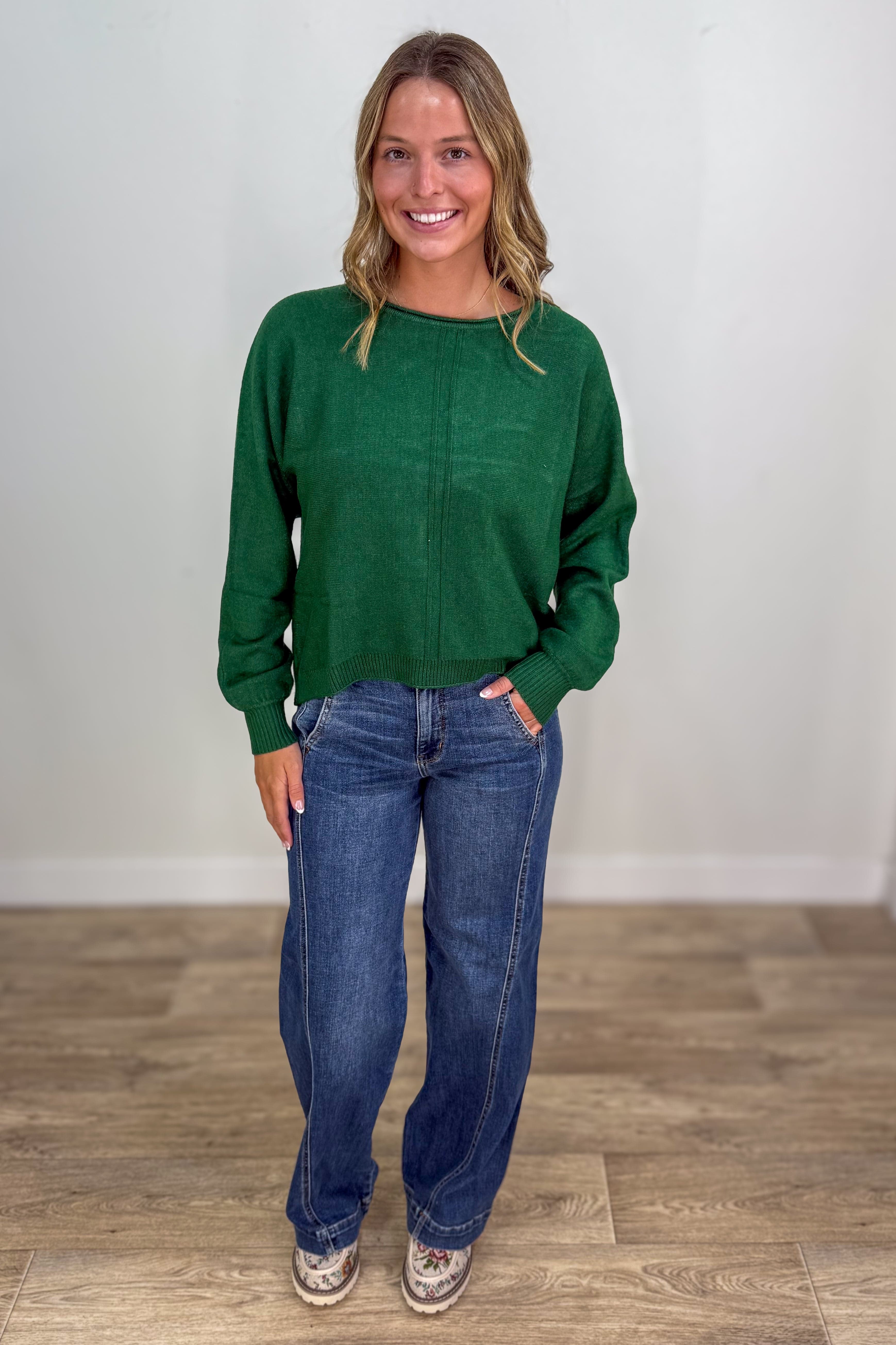Heathered Dark Green Front Seam Round Neck Sweater styled