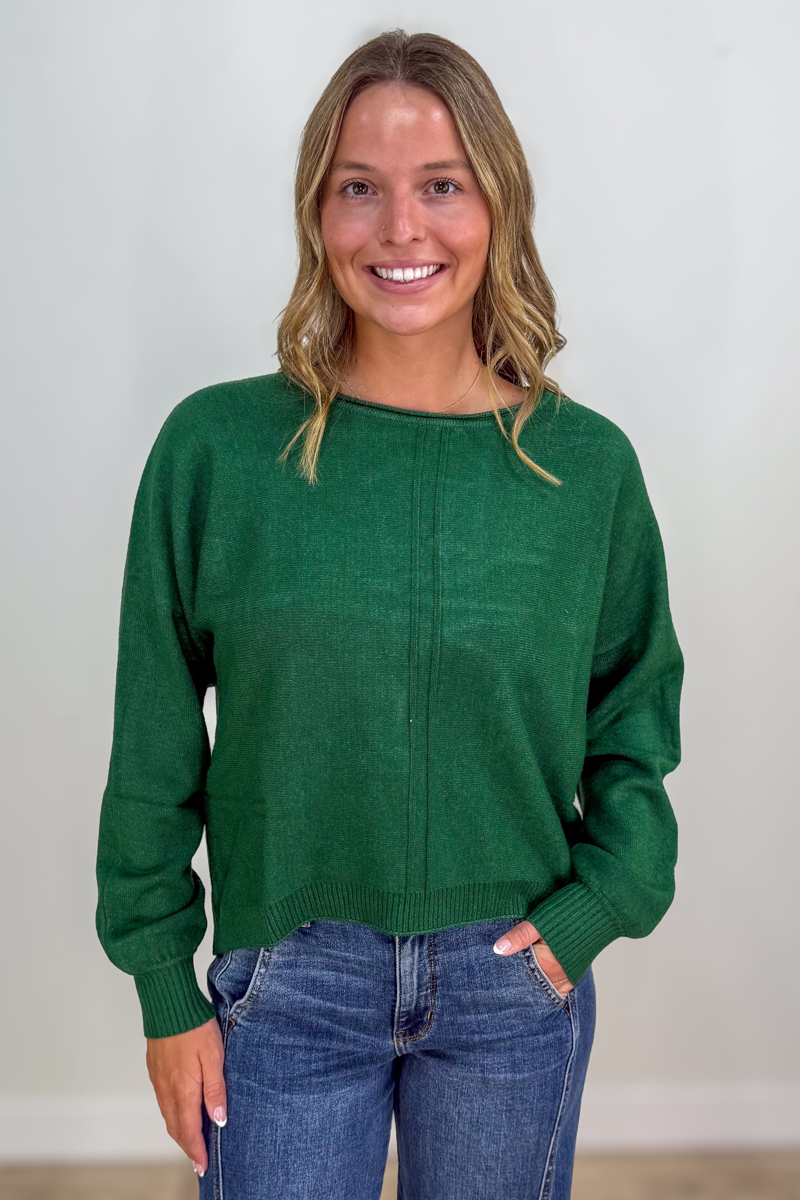 Heathered Dark Green Front Seam Round Neck Sweater