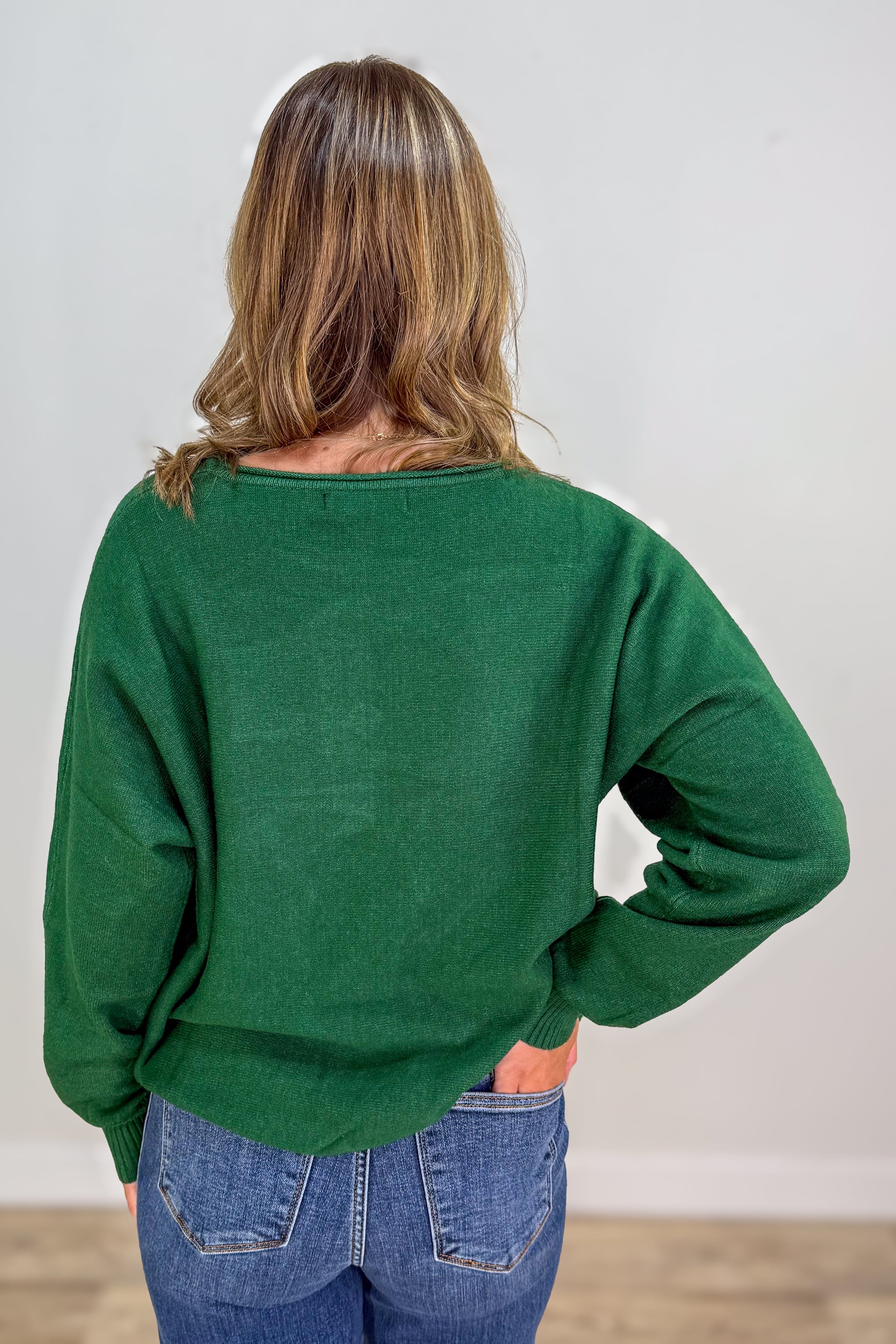 Heathered Dark Green Front Seam Round Neck Sweater back